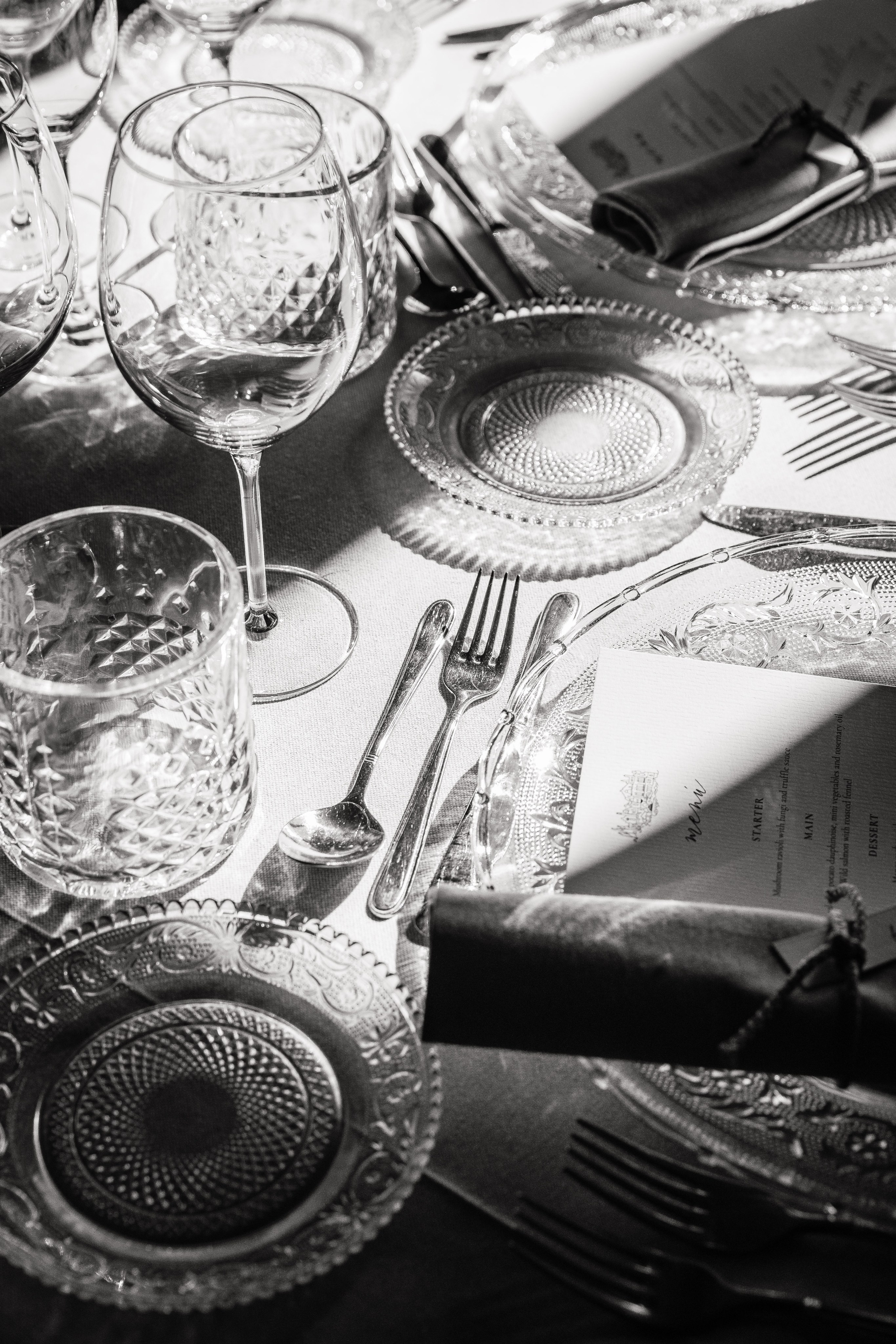 Elegant table set up for the traditional wedding dinner 