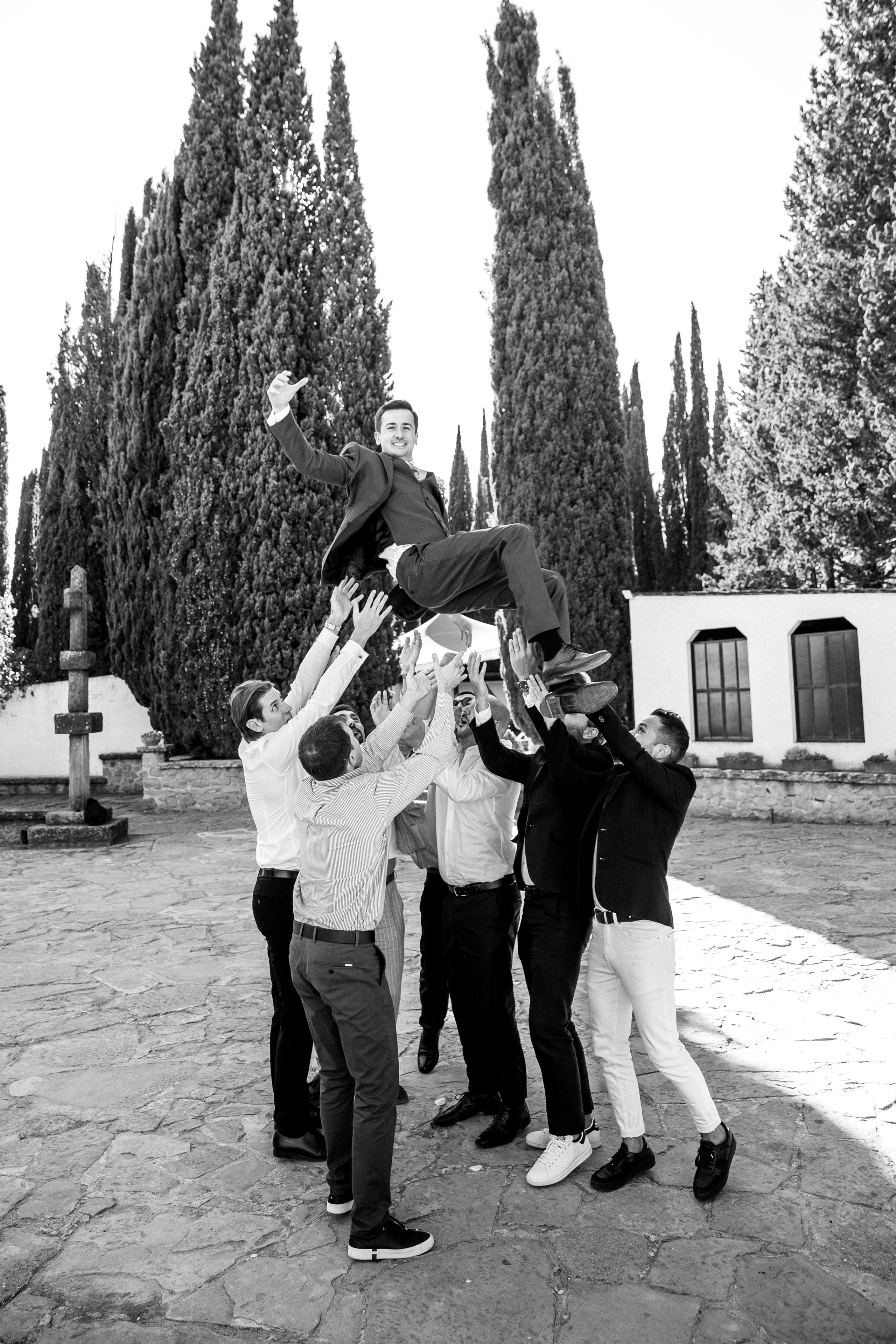 Groom and his friends having fun after the ceremony in the fantastic wedding venue in Spain 