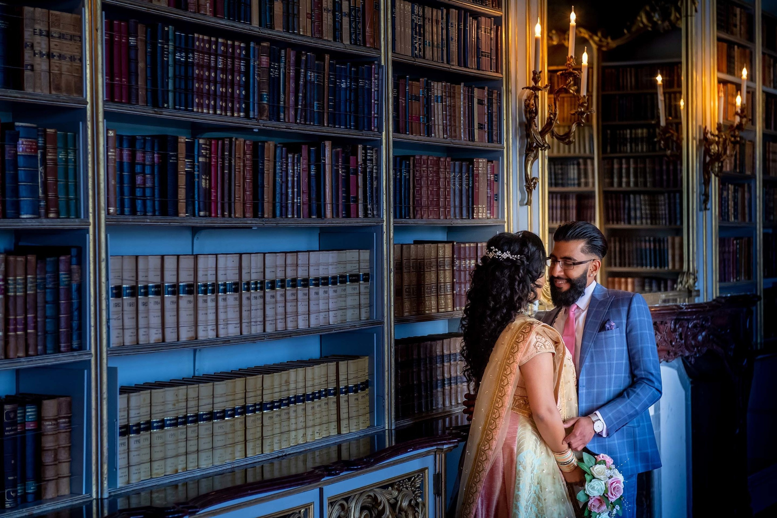 Wedding photography session Wrest Park, Silsoe, Bedfordshire UK. Wedding photographer Nikon D850 couple in the library