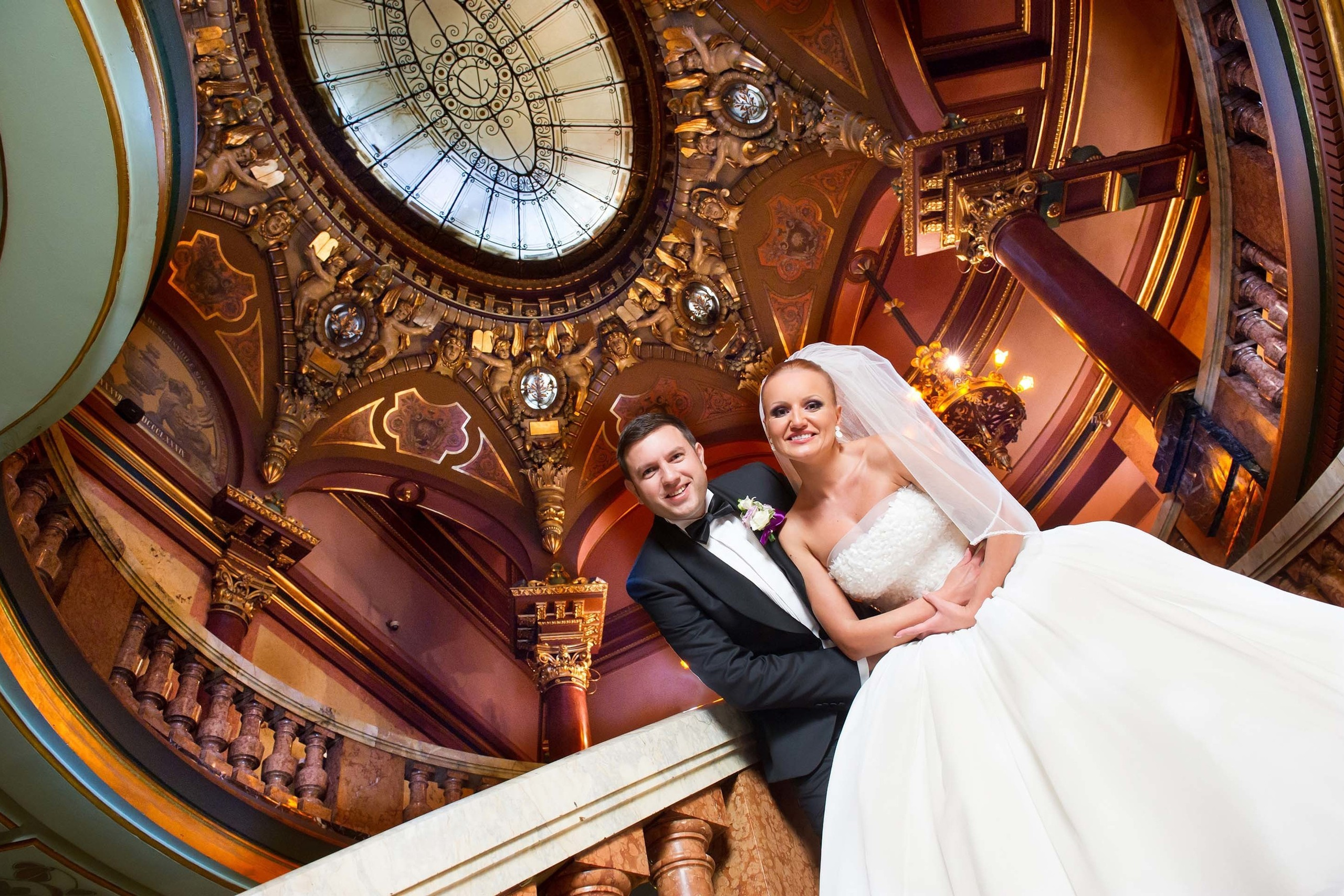 Wedding photography session Vernescu House Bucharest Romania. Wedding photographer Nikon D850 couple on the stairs beautiful ceiling