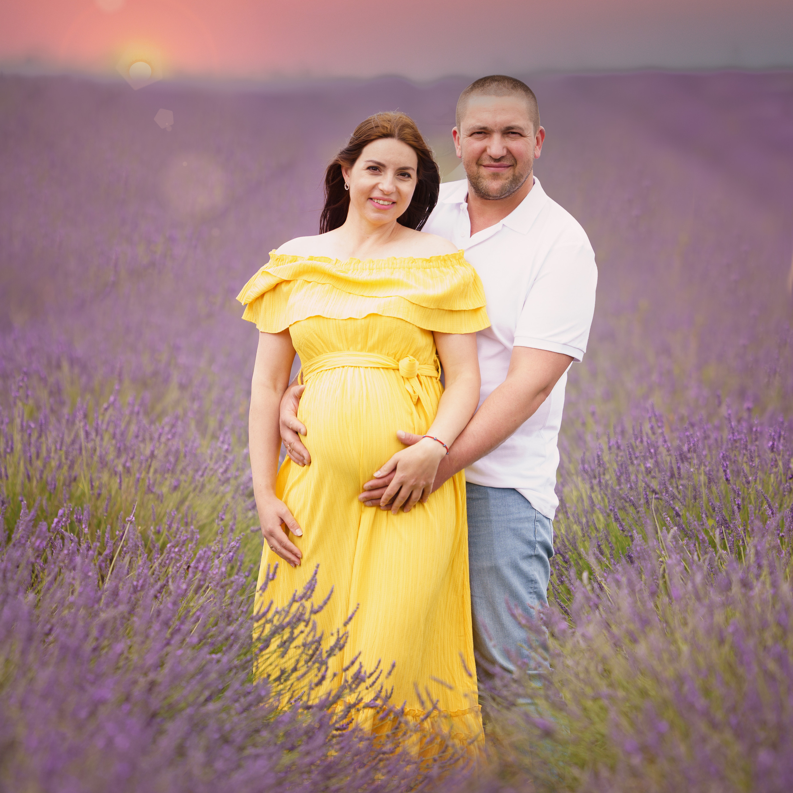 Shooting at sunset in a lavender field.