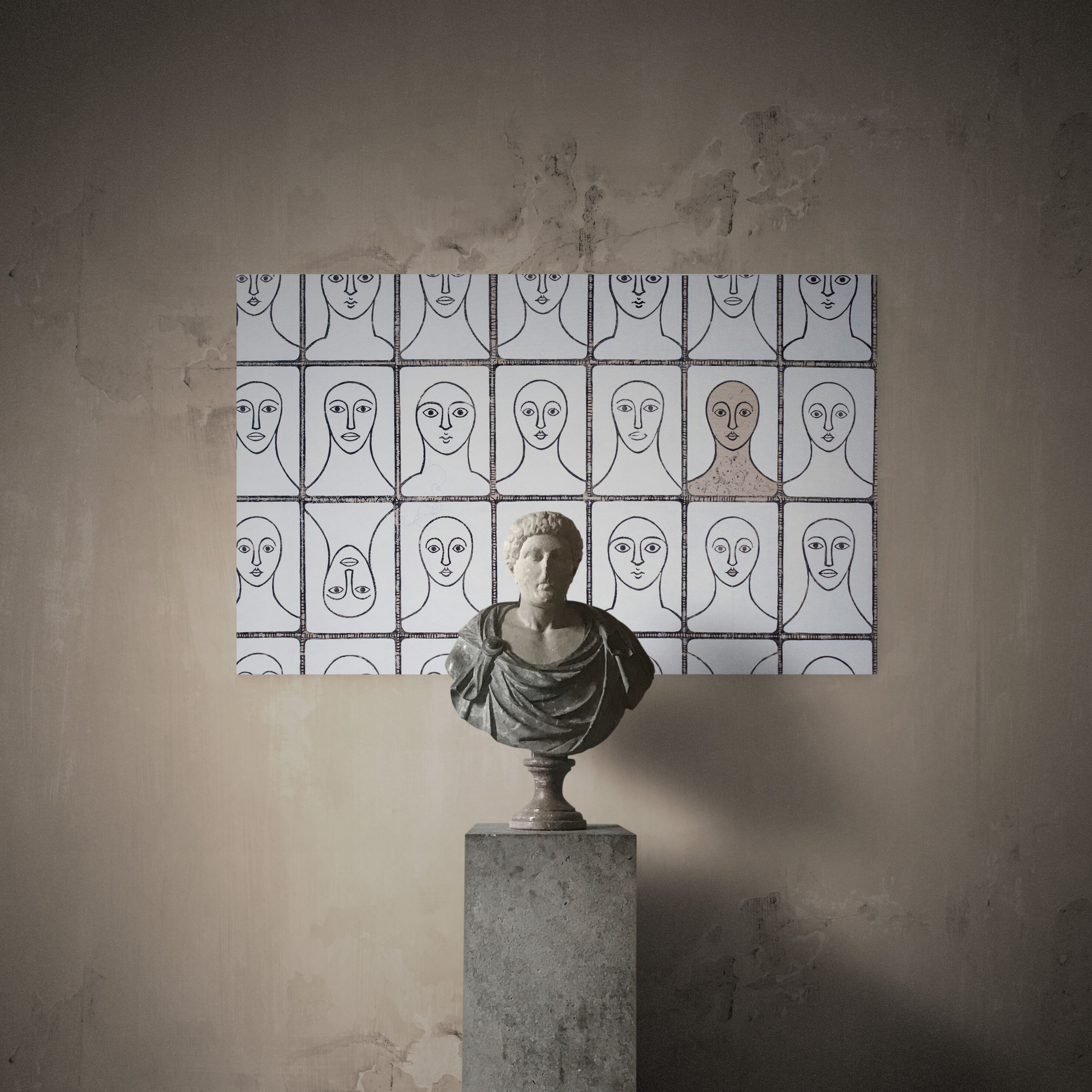 «Volti» Tecnica mista. Stampa su tela, ricamo su tela, olio su tela 90×144 cm