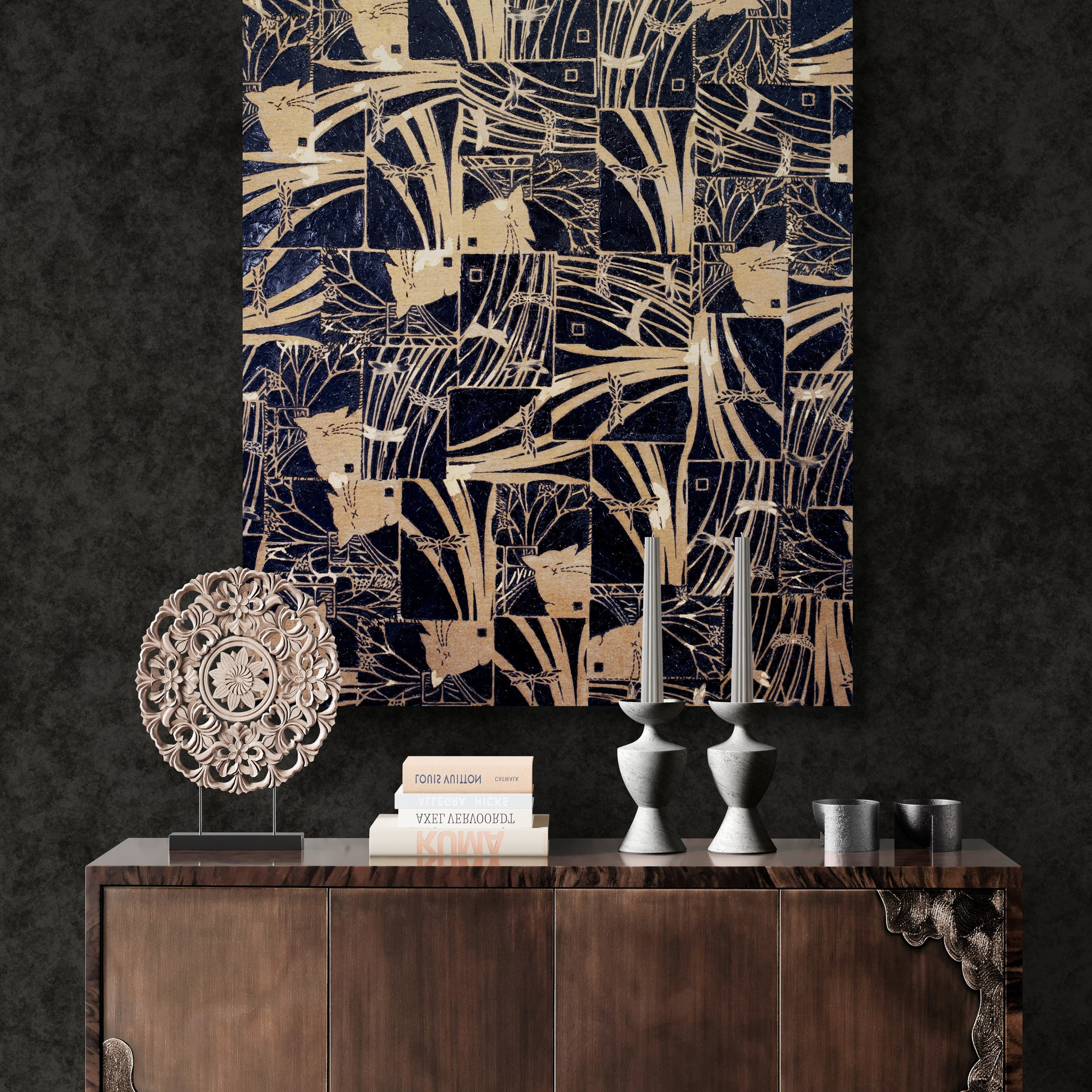 Gatti e Libellule» Oro/Nero. Tecnica Mista. Stampa su tela, ricamo su tela, olio su tela 90×136 cm