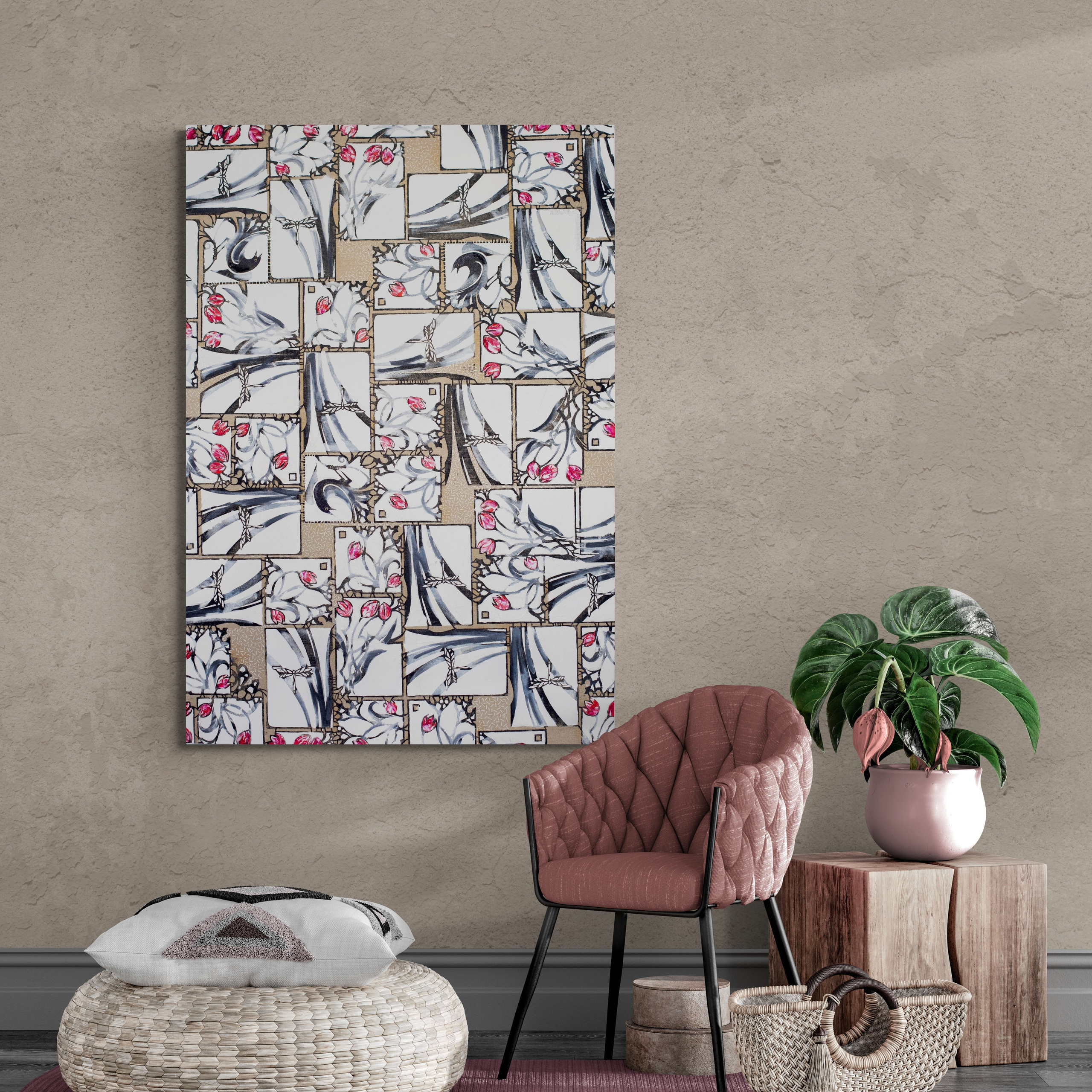 «Merli e Tulipani» Tecnica mista. Stampa su tela, ricamo su tela, olio su tela 90×130 cm