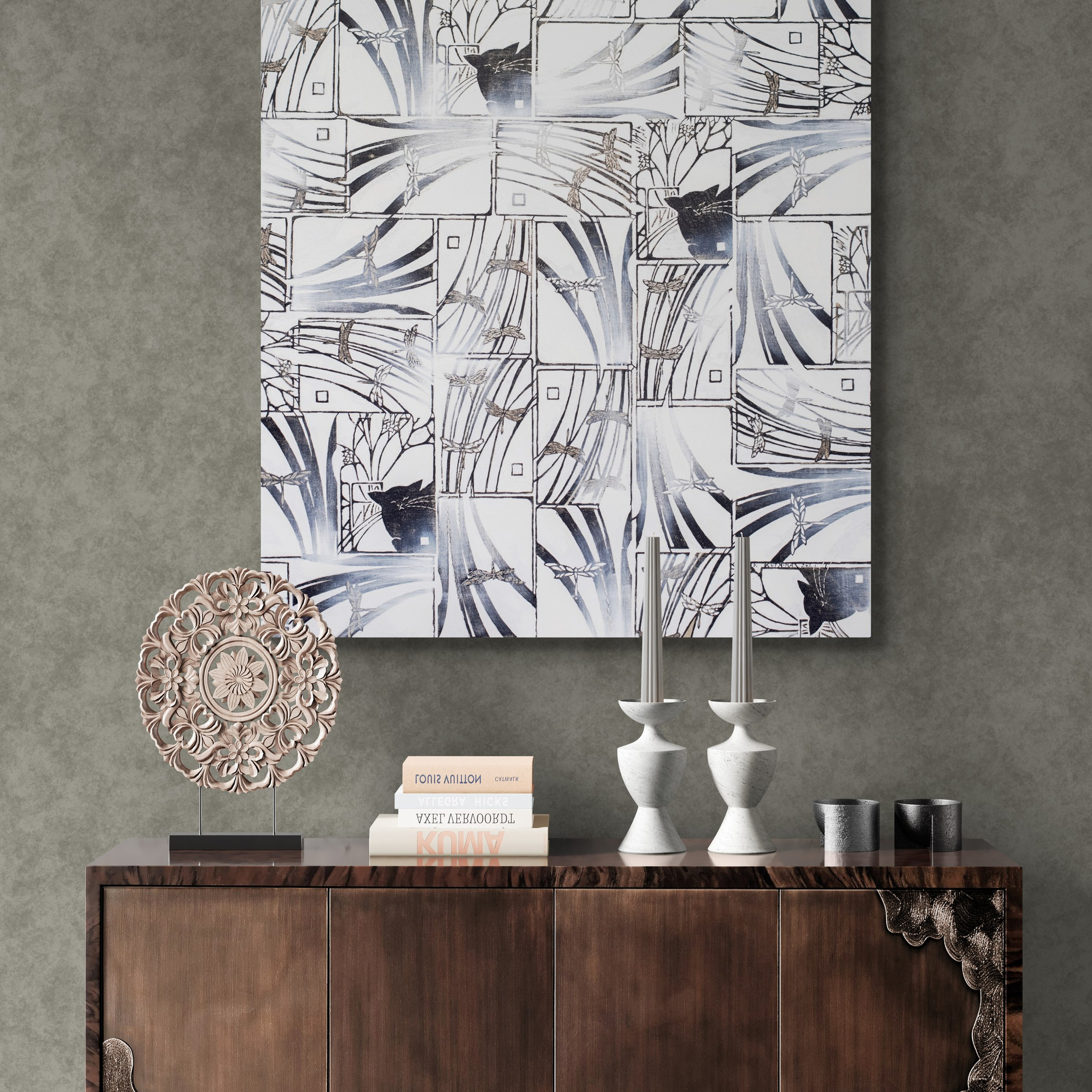 «Gatti e Libellule» Bianco/Nero. Tecnica mista. Stampa su tela, ricamo su tela, olio su tela 90×135 cm