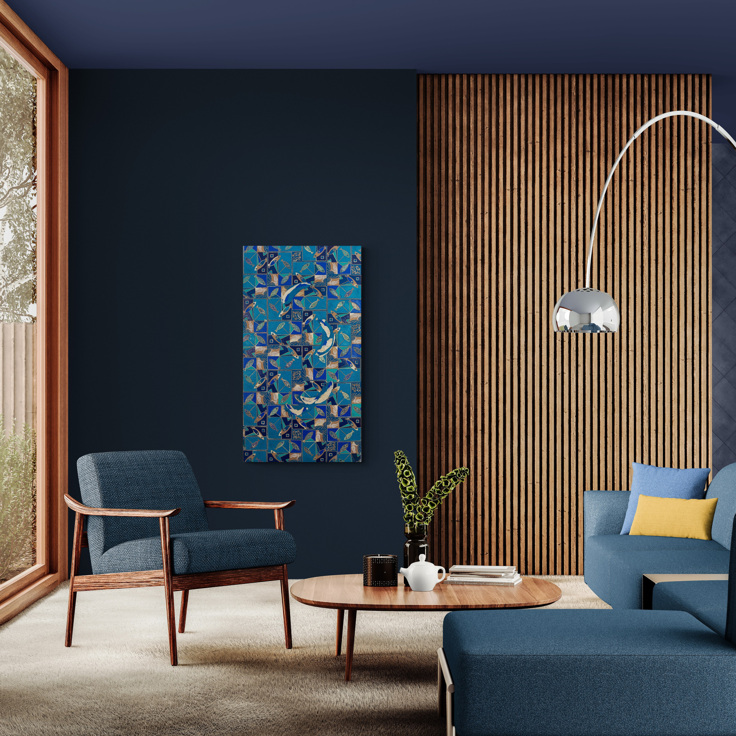 «Fish O ‘Clock» Tecnica mista, stampa su tela, ricamo su tela, olio su tela 70×130 cm