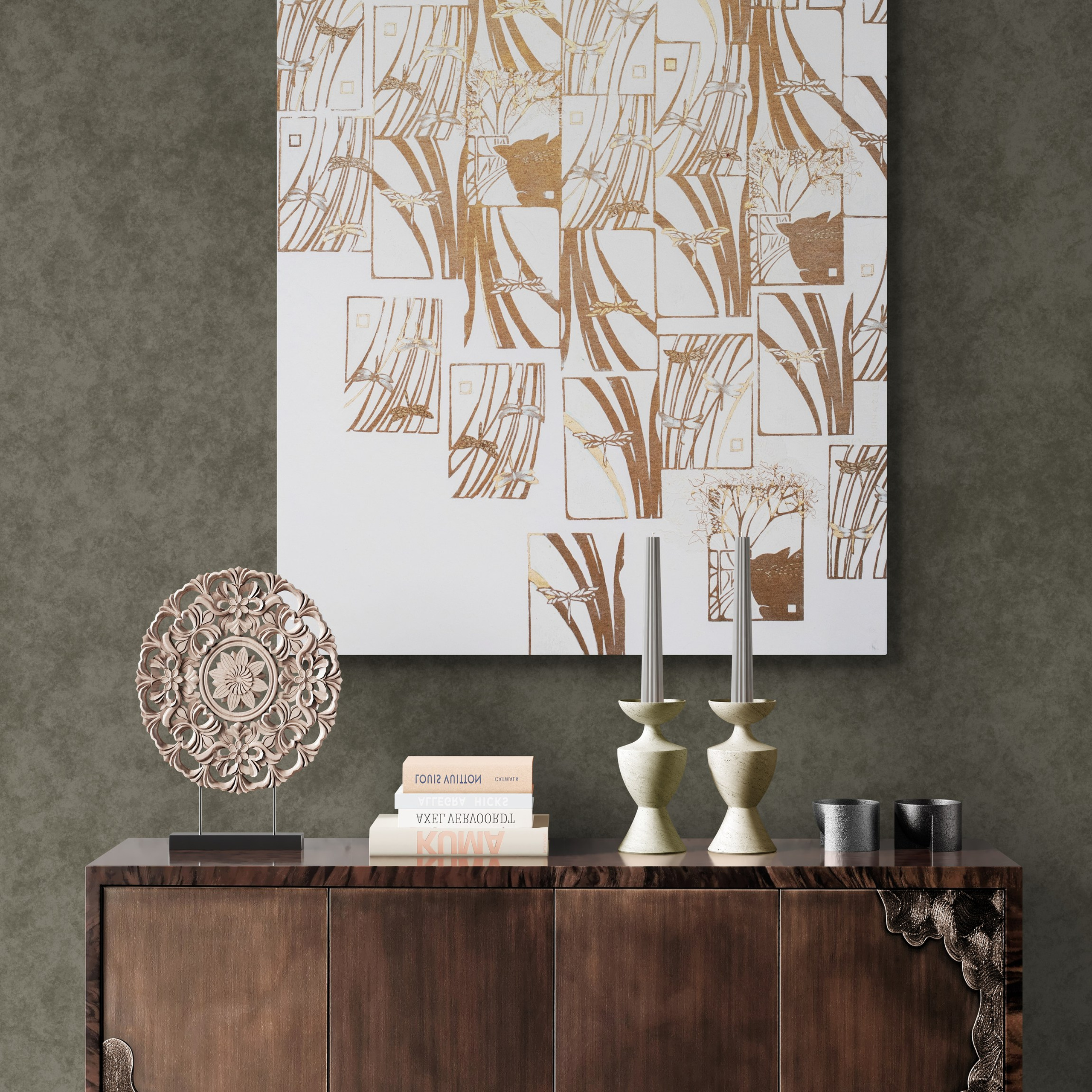 «Gatti e Libellule» Oro/Bianco Tecnica mista, stampa su tela, ricamo su tela, olio su tela, 90×136 cm