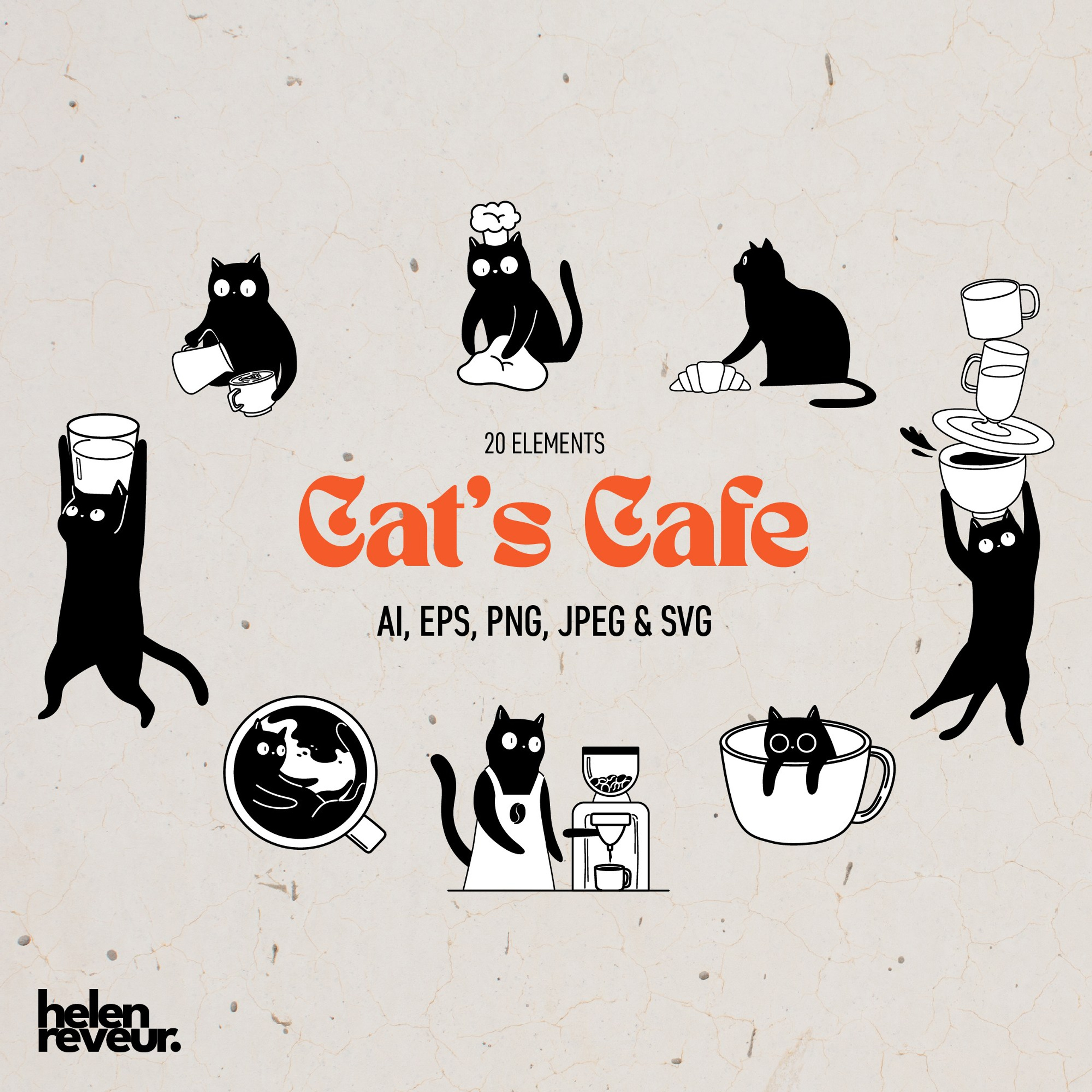 Whimsical Cats Café. Helen Reveur | Illustrator & Brand Designer | Ready-Made & Custom Illustrations