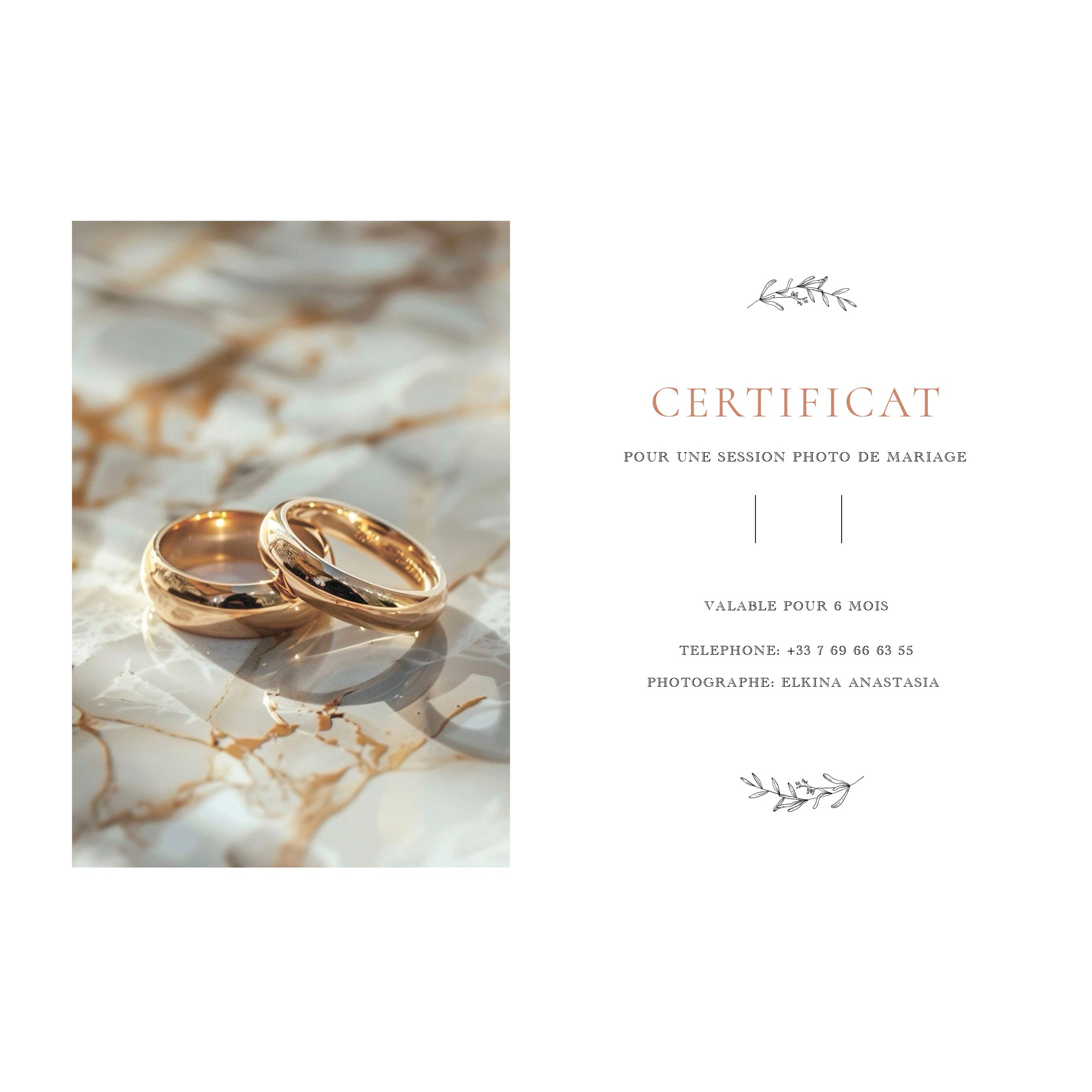Certificat pour une session photo (mariage). Семейный и детский фотограф на Лазурном Берегу