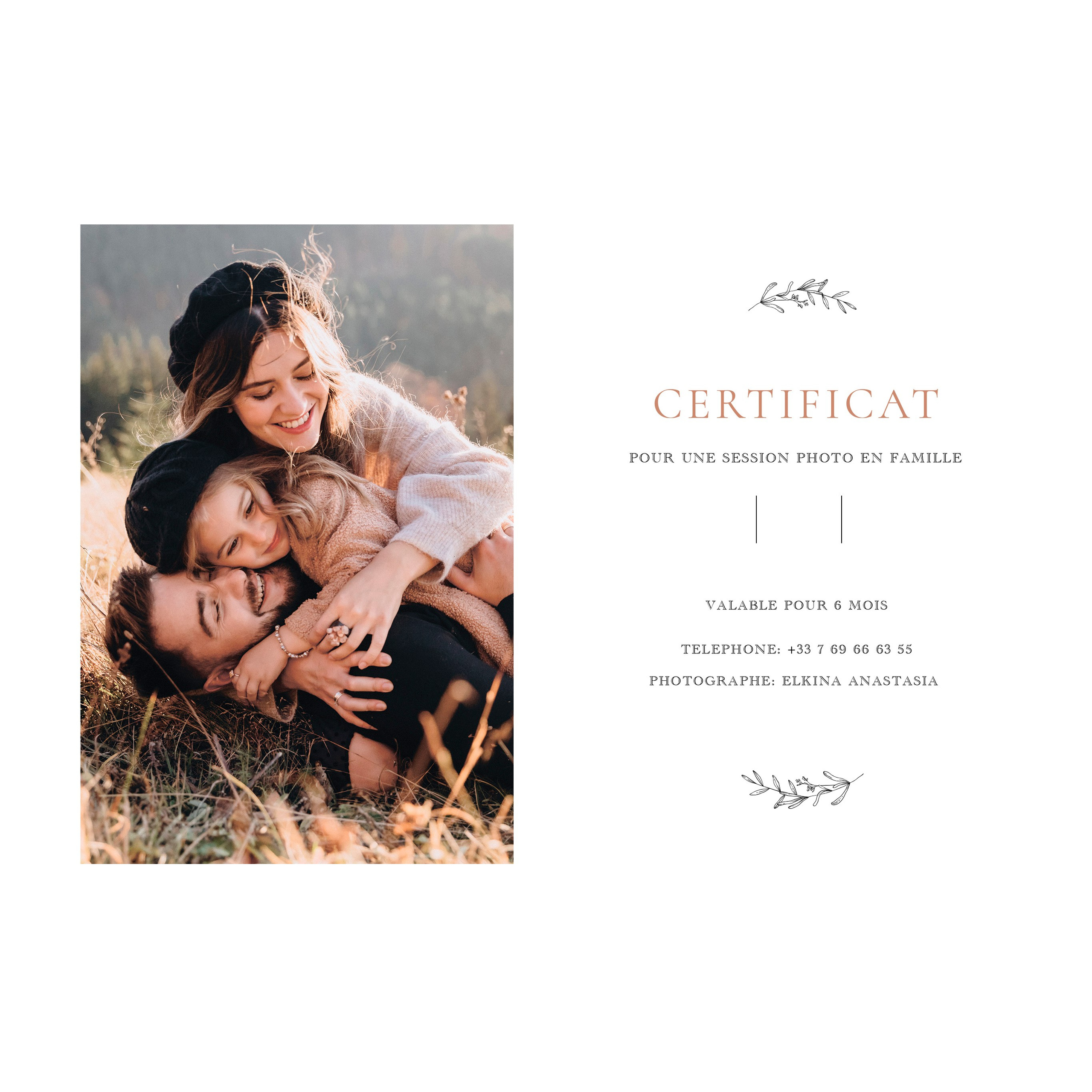 Certificat pour une session photo (famille). Семейный и детский фотограф на Лазурном Берегу