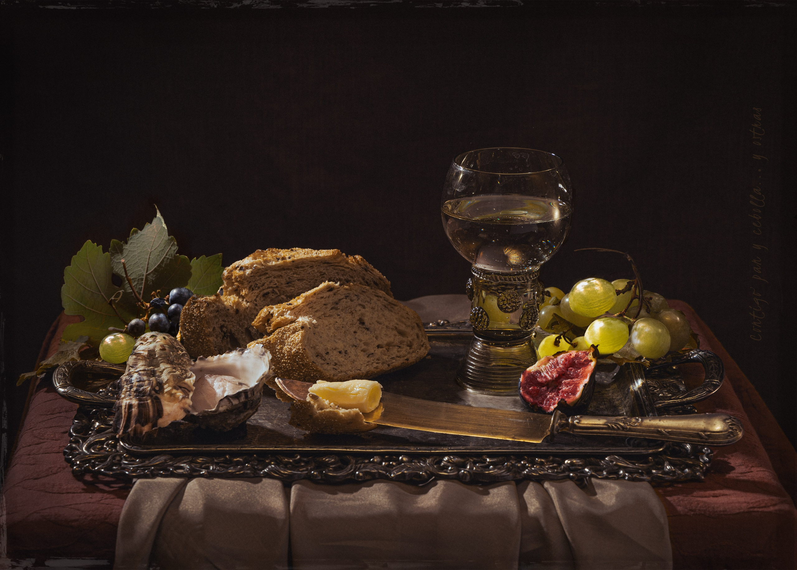 High-resolution photograph for sale, featuring a still life in the style of Dutch painting. The image showcases a classic composition with bread, oysters, and other elements reminiscent of a traditional Dutch still life. Perfect for interior design or art enthusiasts interested in a blend of classic art and modern photography.