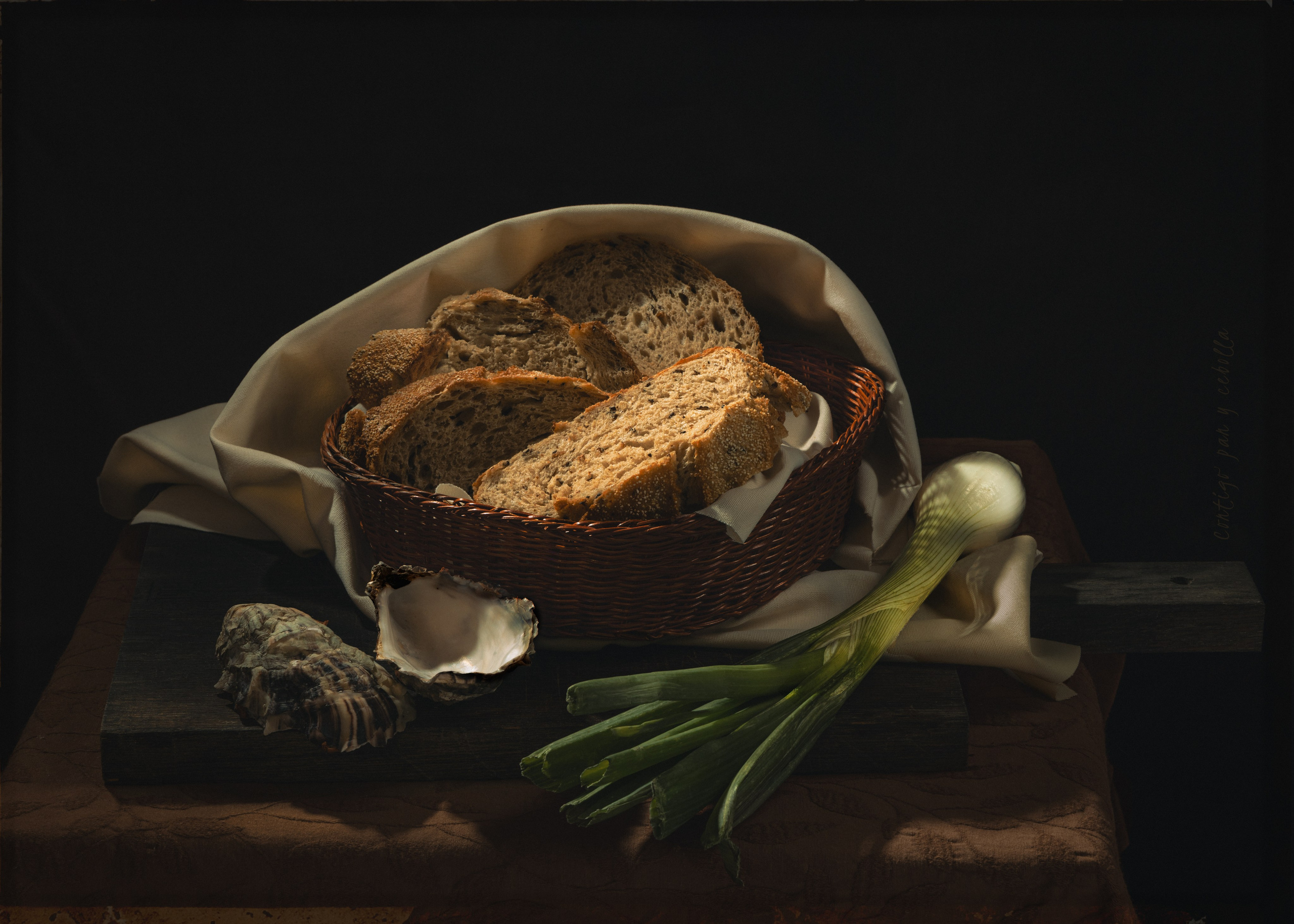 High-resolution photograph for sale, featuring a still life in the style of Dutch painting. The image showcases a classic composition with bread, oysters, and other elements reminiscent of a traditional Dutch still life. Perfect for interior design or art enthusiasts interested in a blend of classic art and modern photography.
