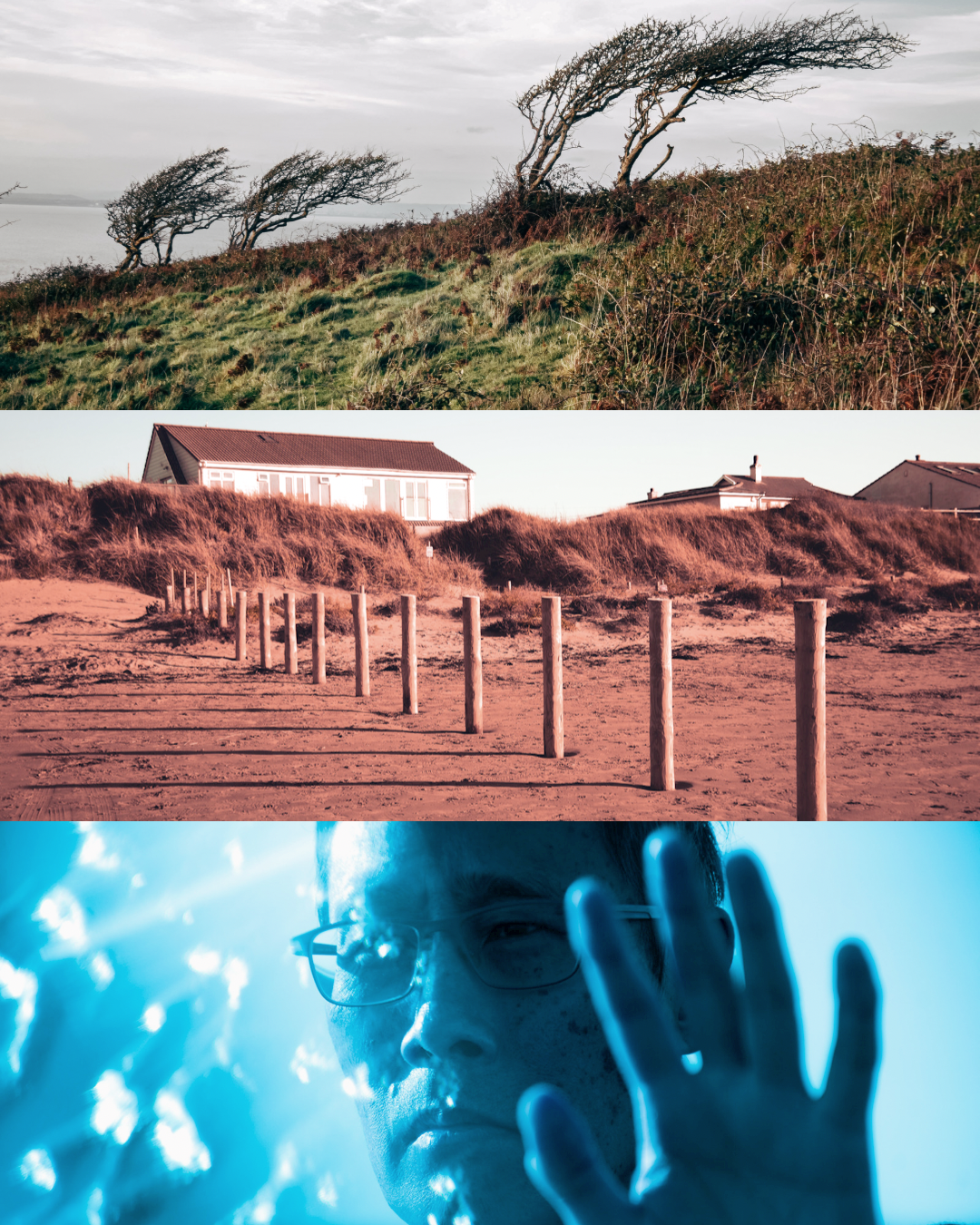 Triptych of an art photo session at the Brean beach. Blue man with hands up.