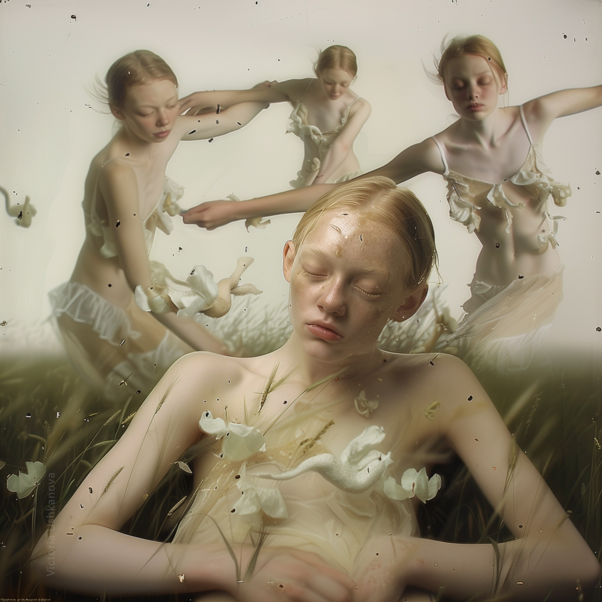 The AI portrait of a young boy on the field with nymphs. "Dreams about" AI-generated artwork for sale 