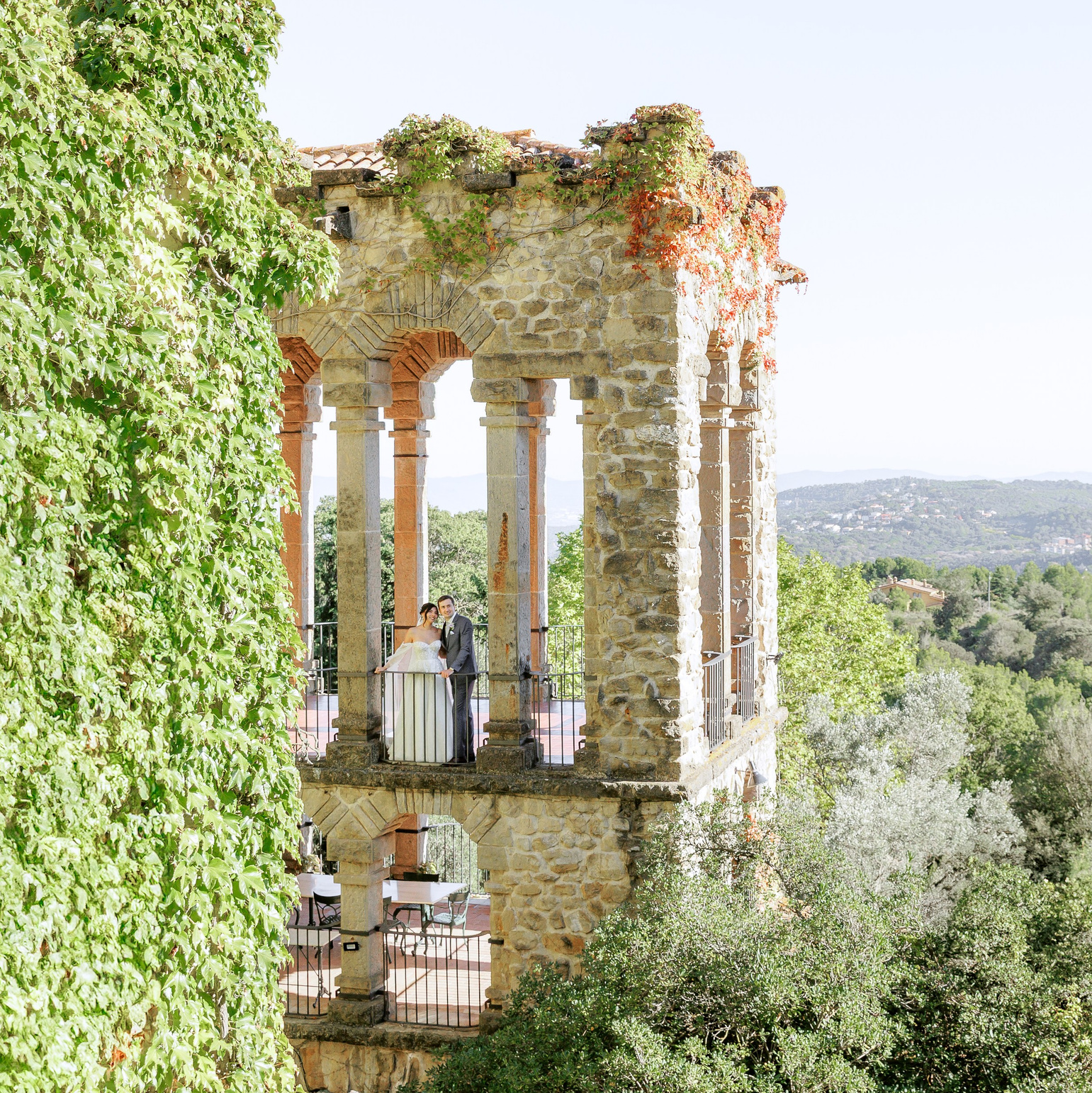Wide view of La Baronia wedding venue surrounded by Catalan hills near Barcelona
