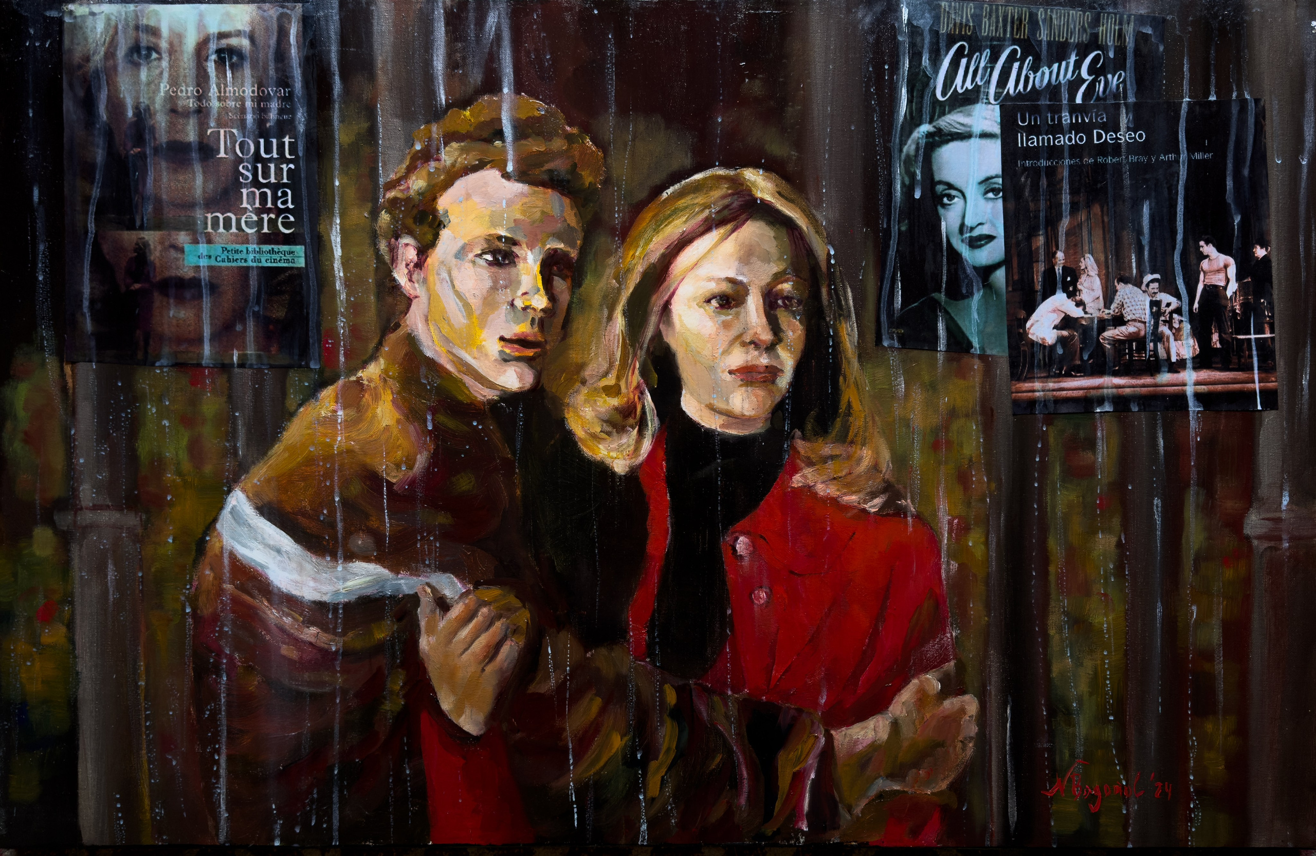 Oil painting on canvas, 90×60 cm, depicting a scene from Pedro Almodóvar’s film All About My Mother. The painting depicts the characters and setting from the film, highlighting the distinctive colour palette and emotional depth inherent in Almodóvar’s cinematic style. This artwork is available for sale.