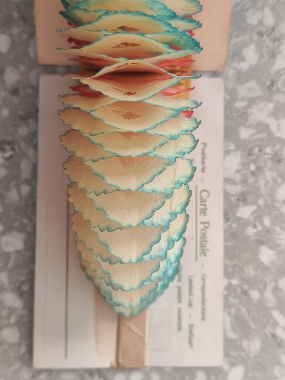 Vintage-Postkarte mit Fächer innen. Fotografin, Sammlerin von Vintage-Postkarten und Schöpferin von Geschichten an der Schnittstelle zwischen Vergangenheit und Persönlichem. Ir