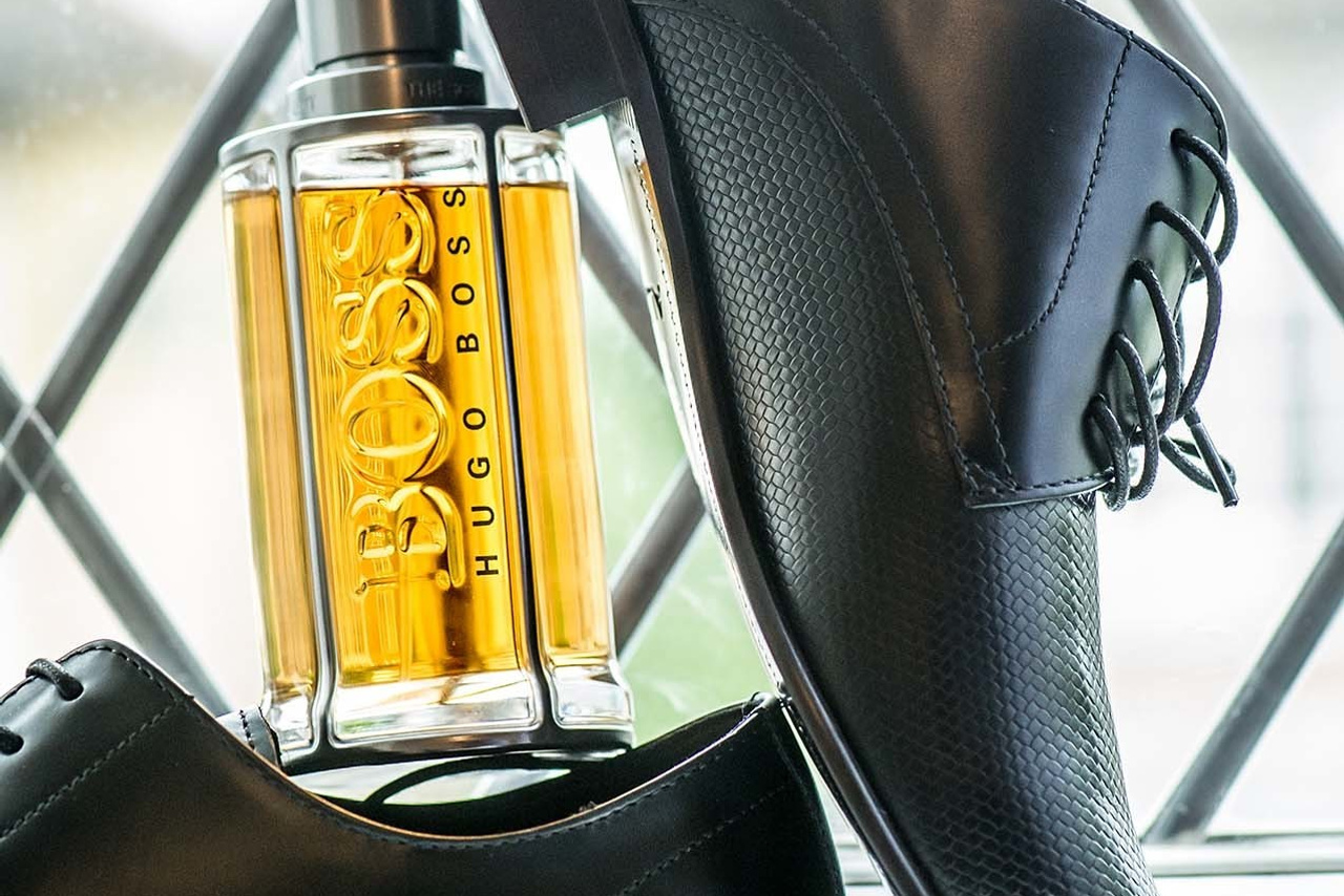 Wedding photographer Ilford UK groom's shoes and perfume Boss Nikon D850