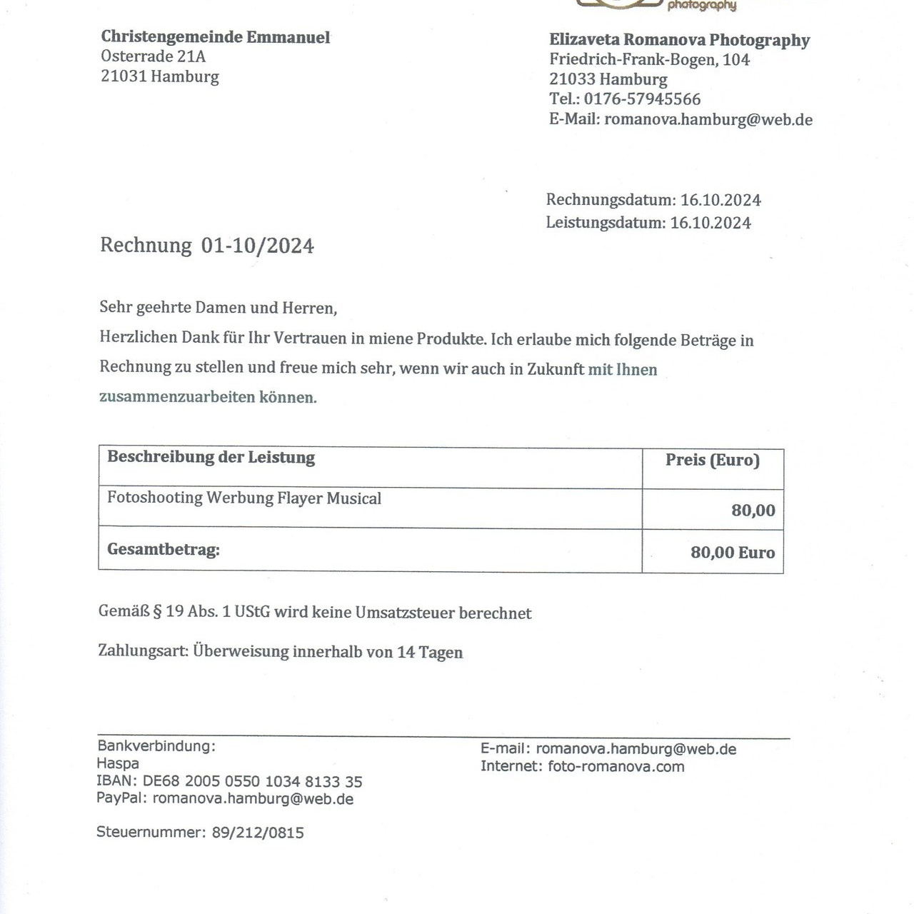 Bewertungen. Fotografin Hamburg Reinbek Elizaveta Romanova