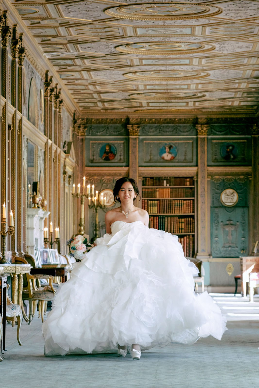 Stunning Hong Kong bride saunters through the opulent rooms of the Syon House in London, where the Duke of Northumberland has held title since 1594.