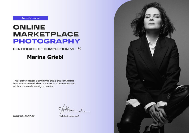 Fotografen-Diplom, verliehen an Marina Griebl, professionelle Ausbildung in Produkt- und Werbefotografie