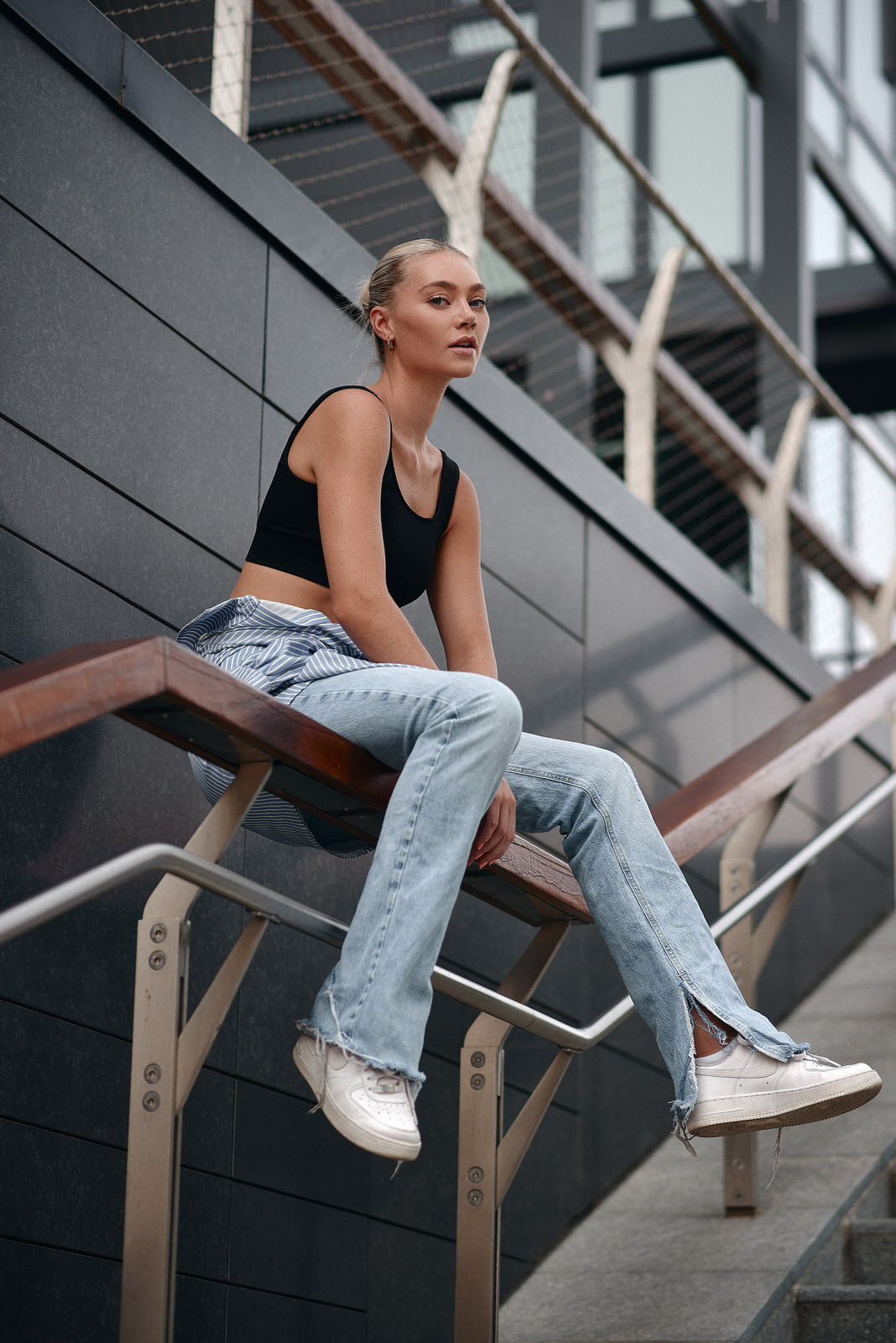 Street style model tests in Milan