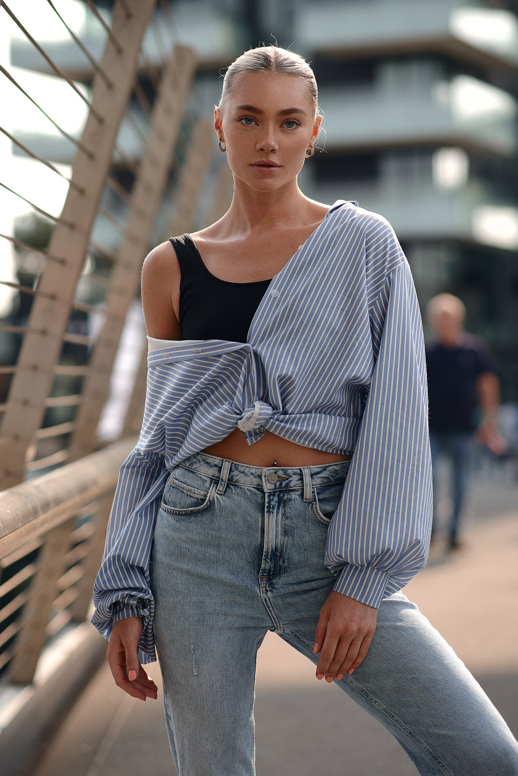 Street style model tests in Milan