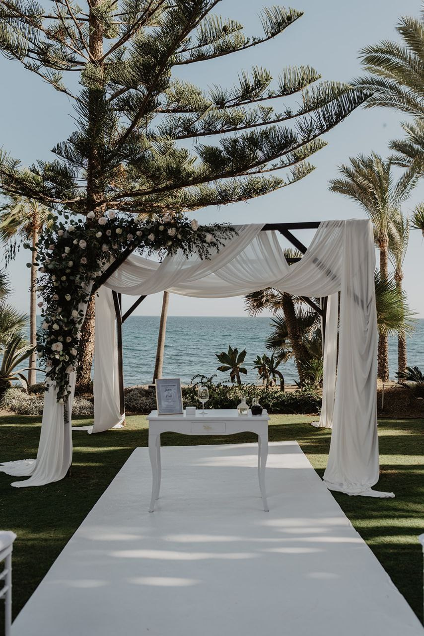 Wedding arch with flowers and white carpet