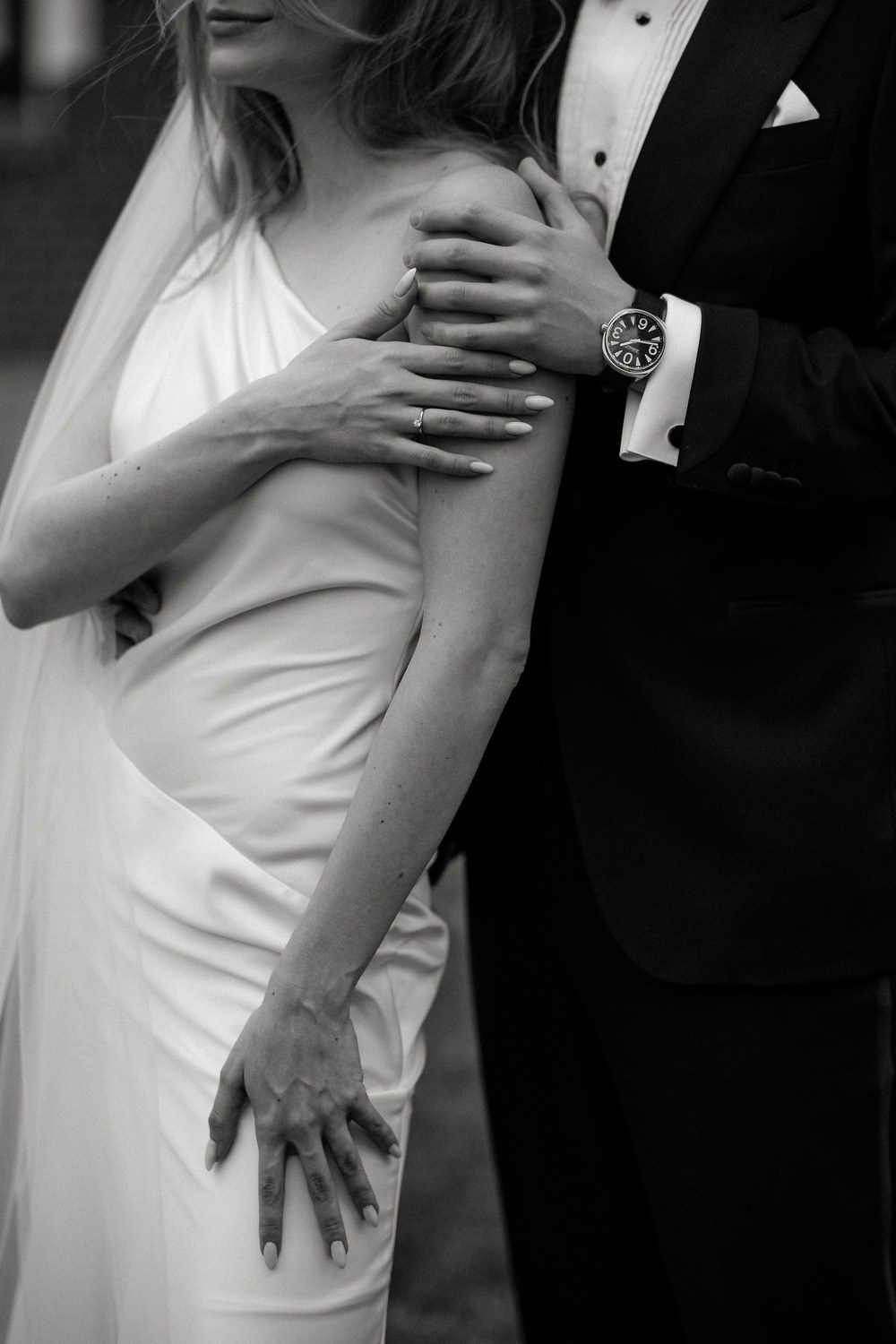 Black and white editorial wedding portrait in Mayfair