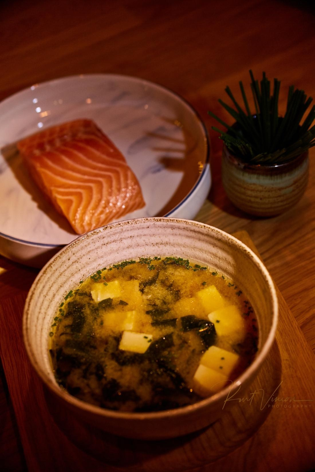 A tofu soup created with salman. 