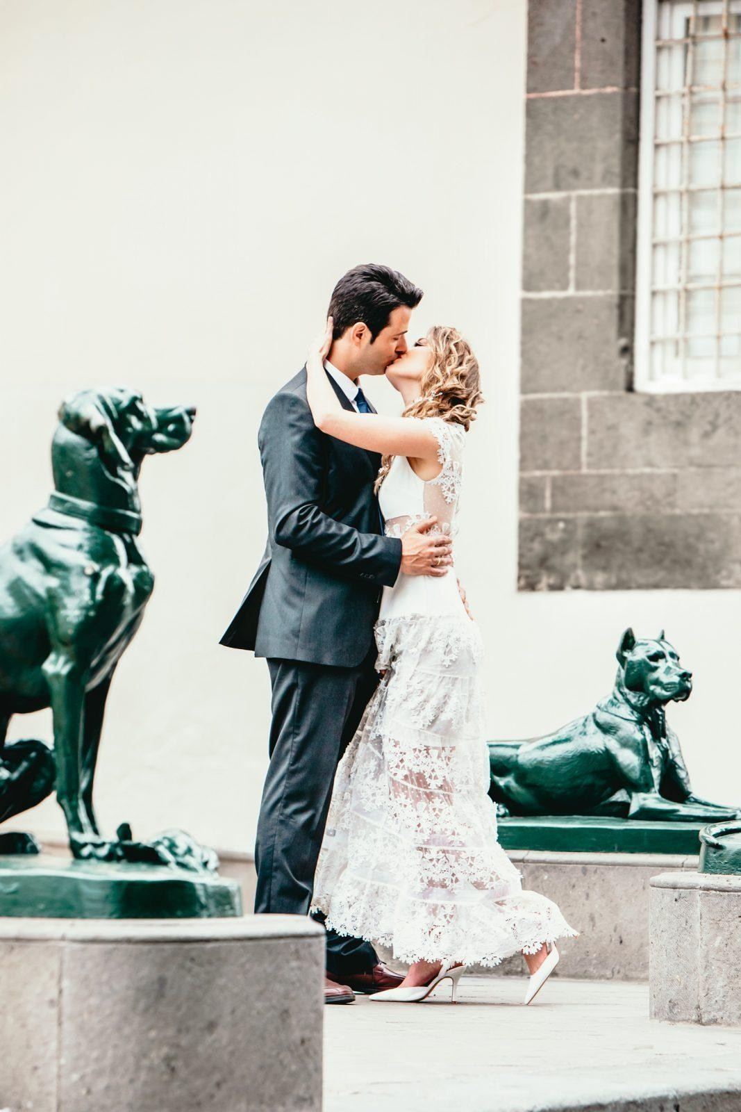A bride and groom kiss in front of statues of dogs.