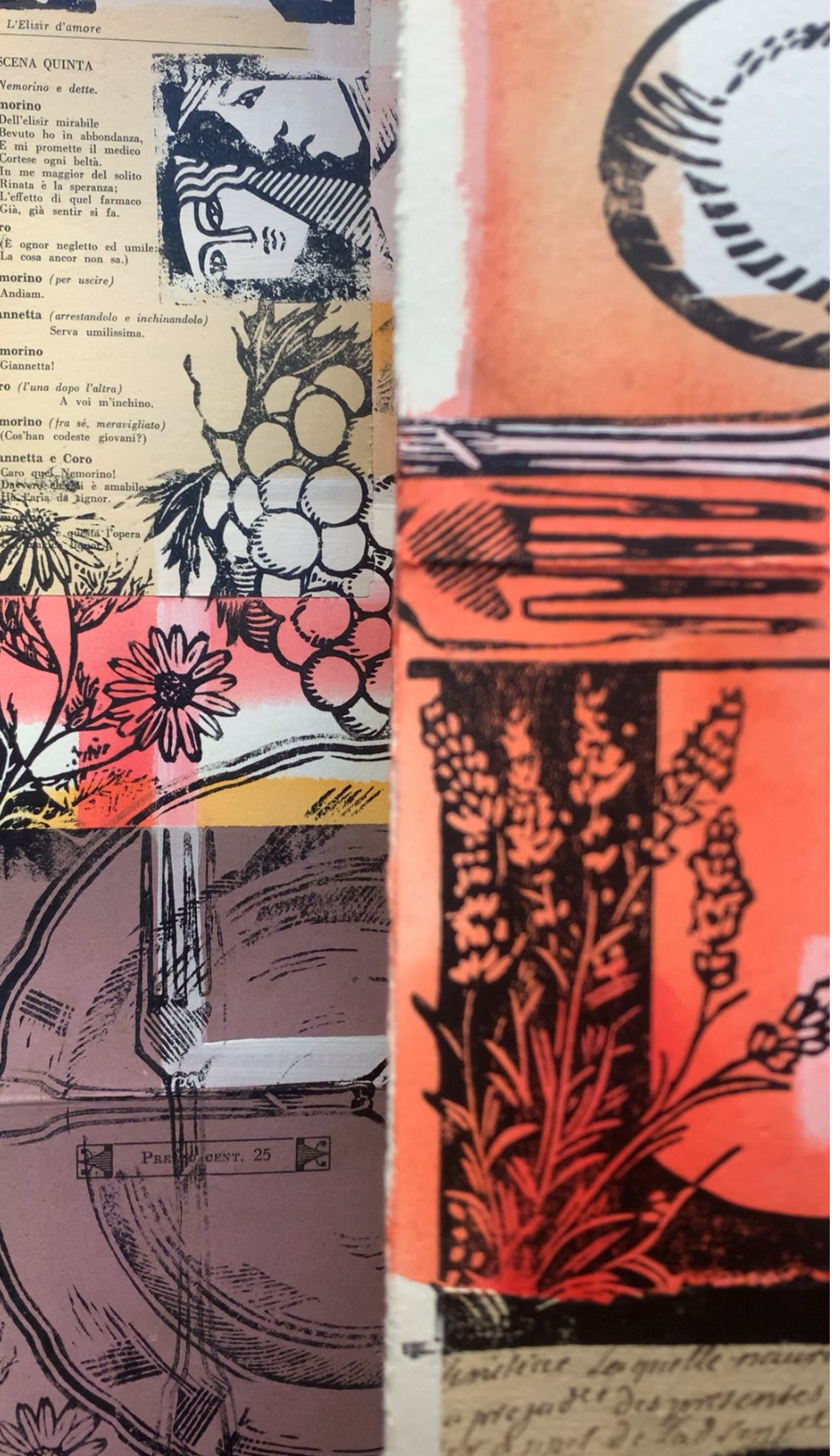 Dettaglio libro d’artista “Arte da Mangiare” di Nadia Kuprina stampa linoleum aquerello, collage