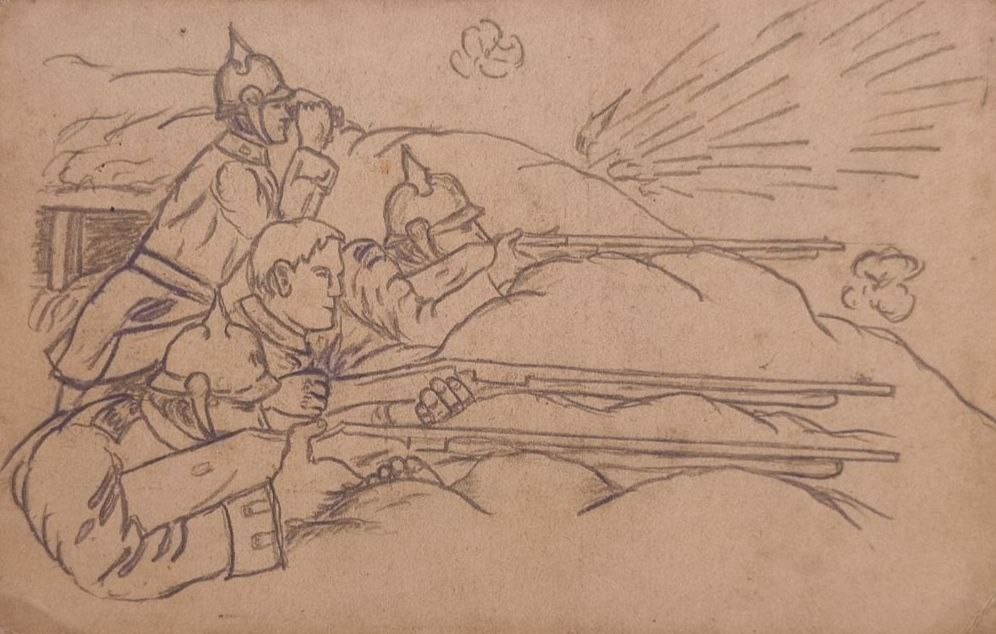 rysunek ołówkiem na pocztówce I wojny światowej