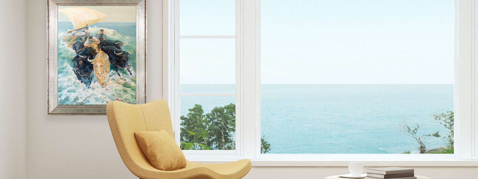 Oil painting on canvas, inspired by an episode from Ernest Hemingway's writings, portrays oxen pulling a boat from the sea. The oxen, emerging like mythical creatures from the sea foam, are accompanied by fishermen depicted with expressive brushstrokes. This artwork, influenced by the style of Valencian painter Joaquín Sorolla, transcends reality, adding a mythical aspect to the oxen. Available for purchase