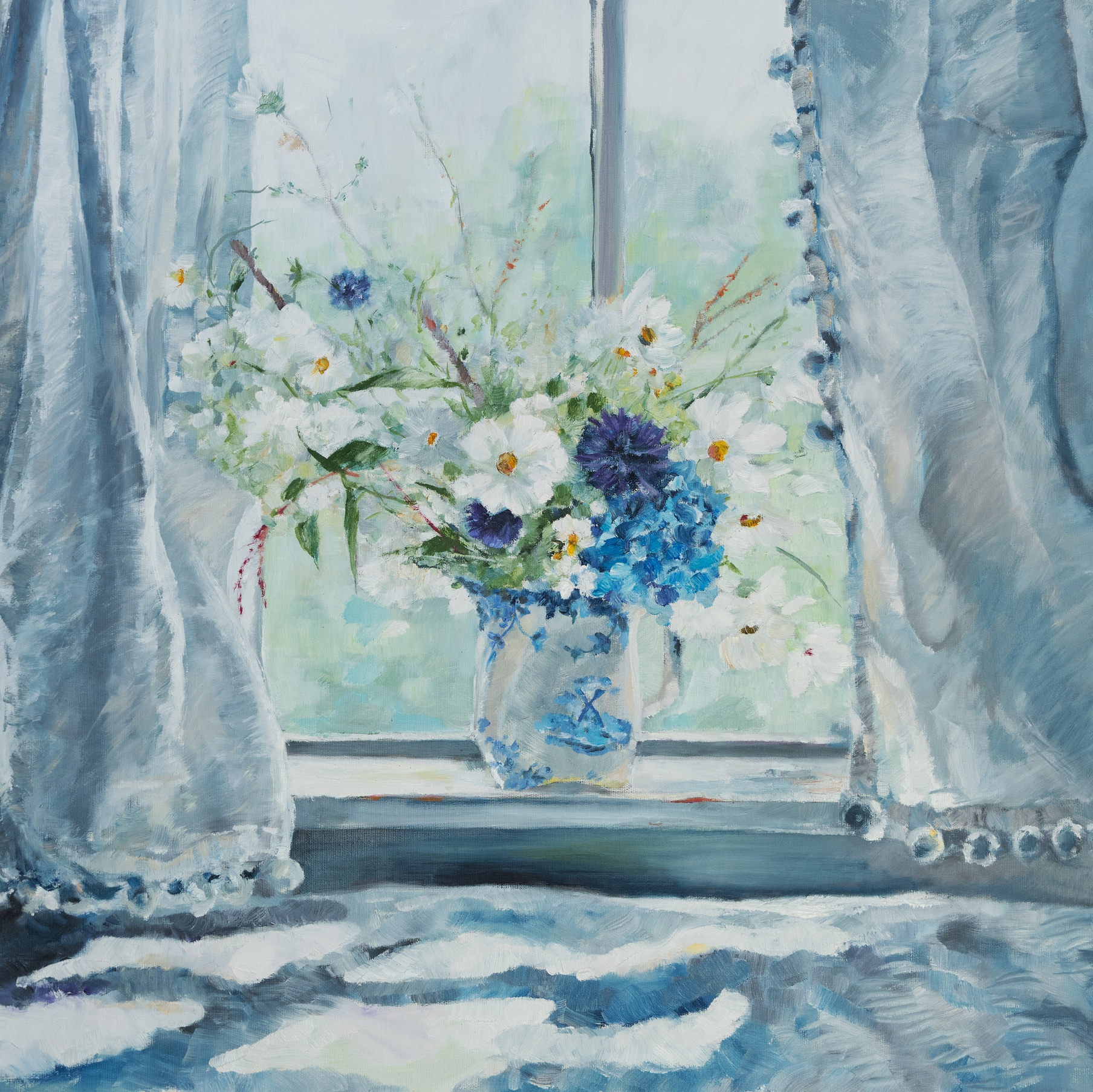 Contemporary still-life painting in fresh blue tones, featuring an open window and vases with wildflowers on the windowsill. An exquisite addition to art collectors' galleries and a stylish interior decoration piece. Available for sale