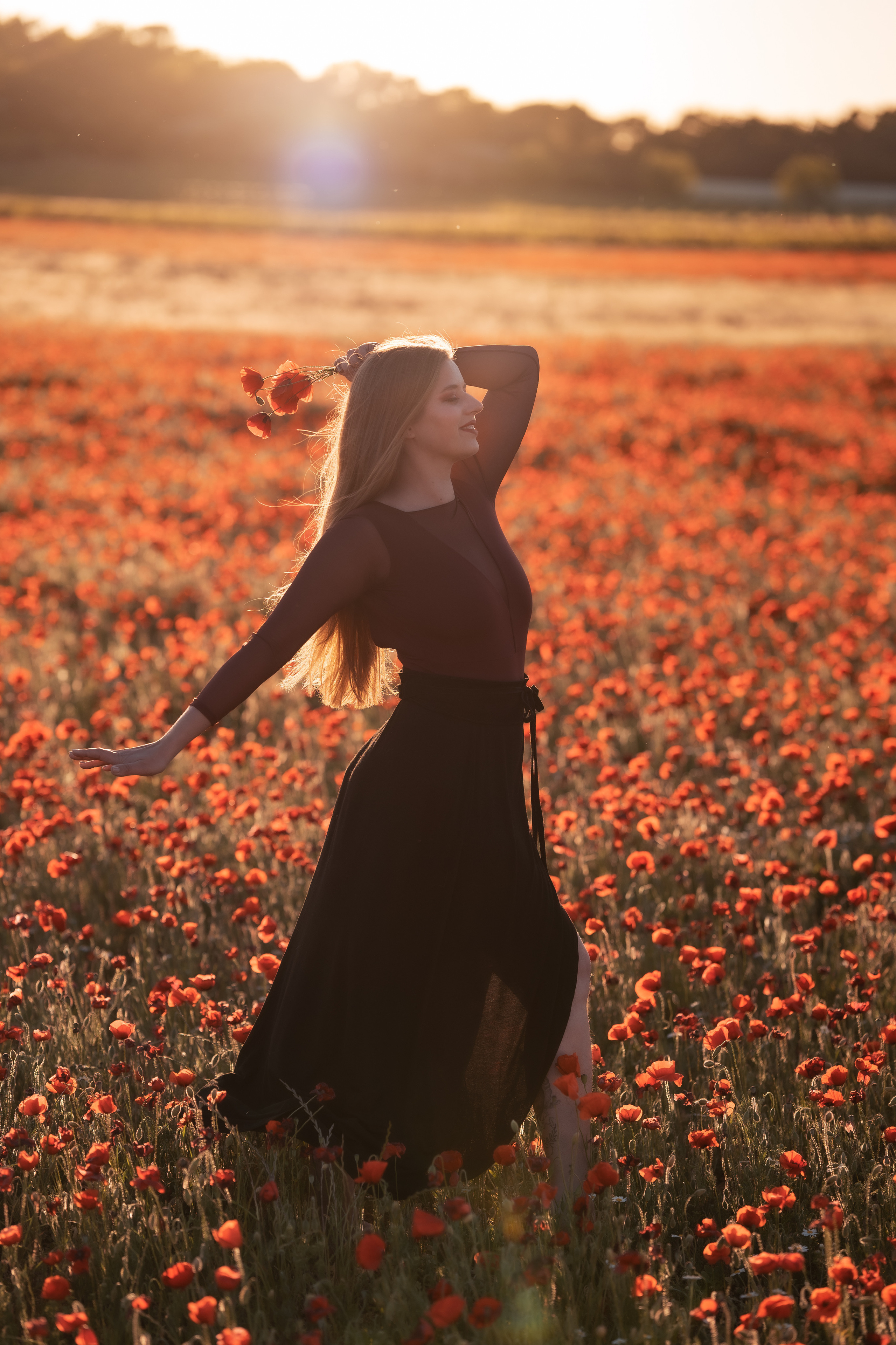 Fille blonde dans un champ de coquelicots dans le Luberon en Provence, France au soleil couchant