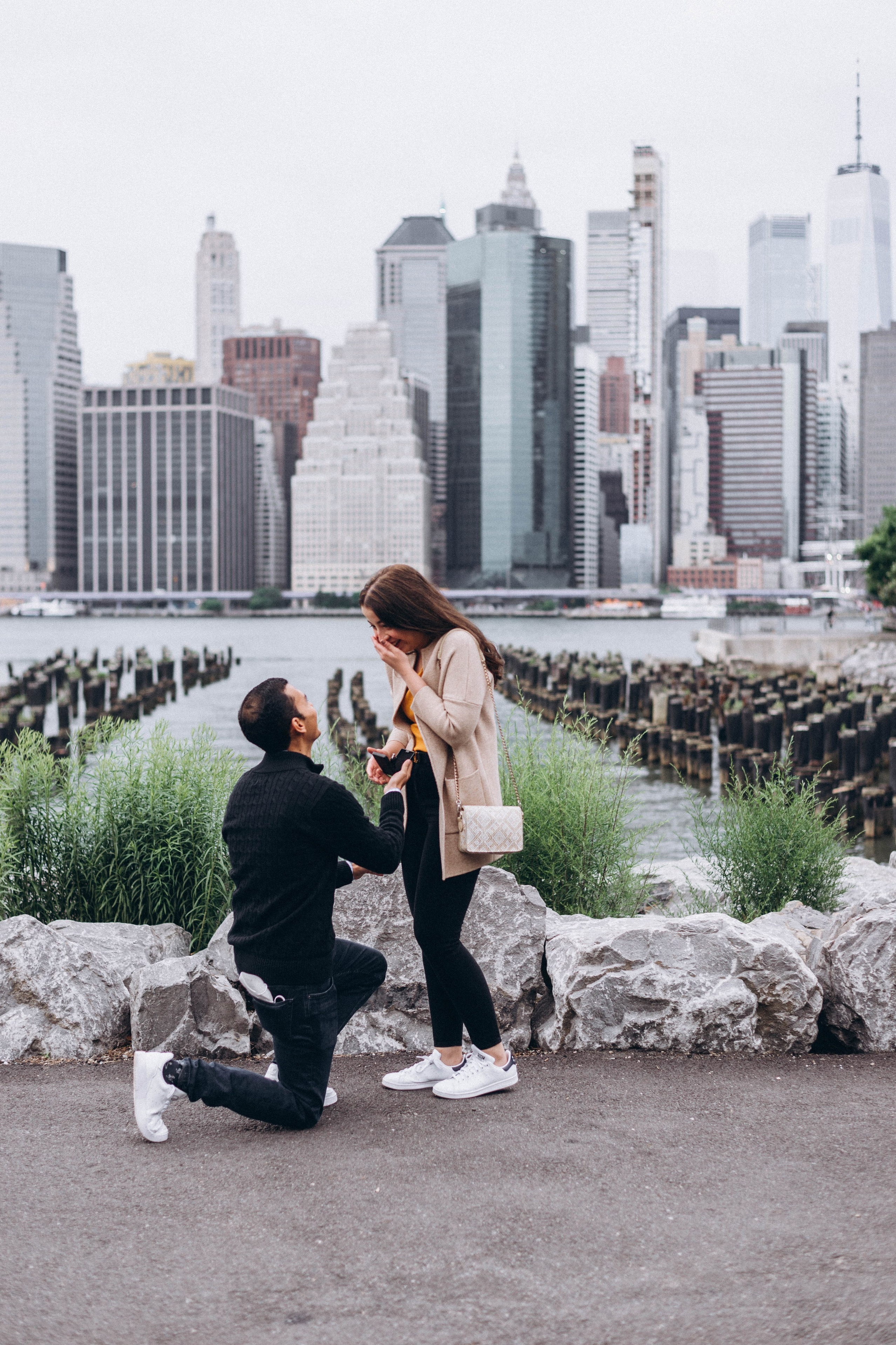 Surprise Proposal in NYC with skyline on the background