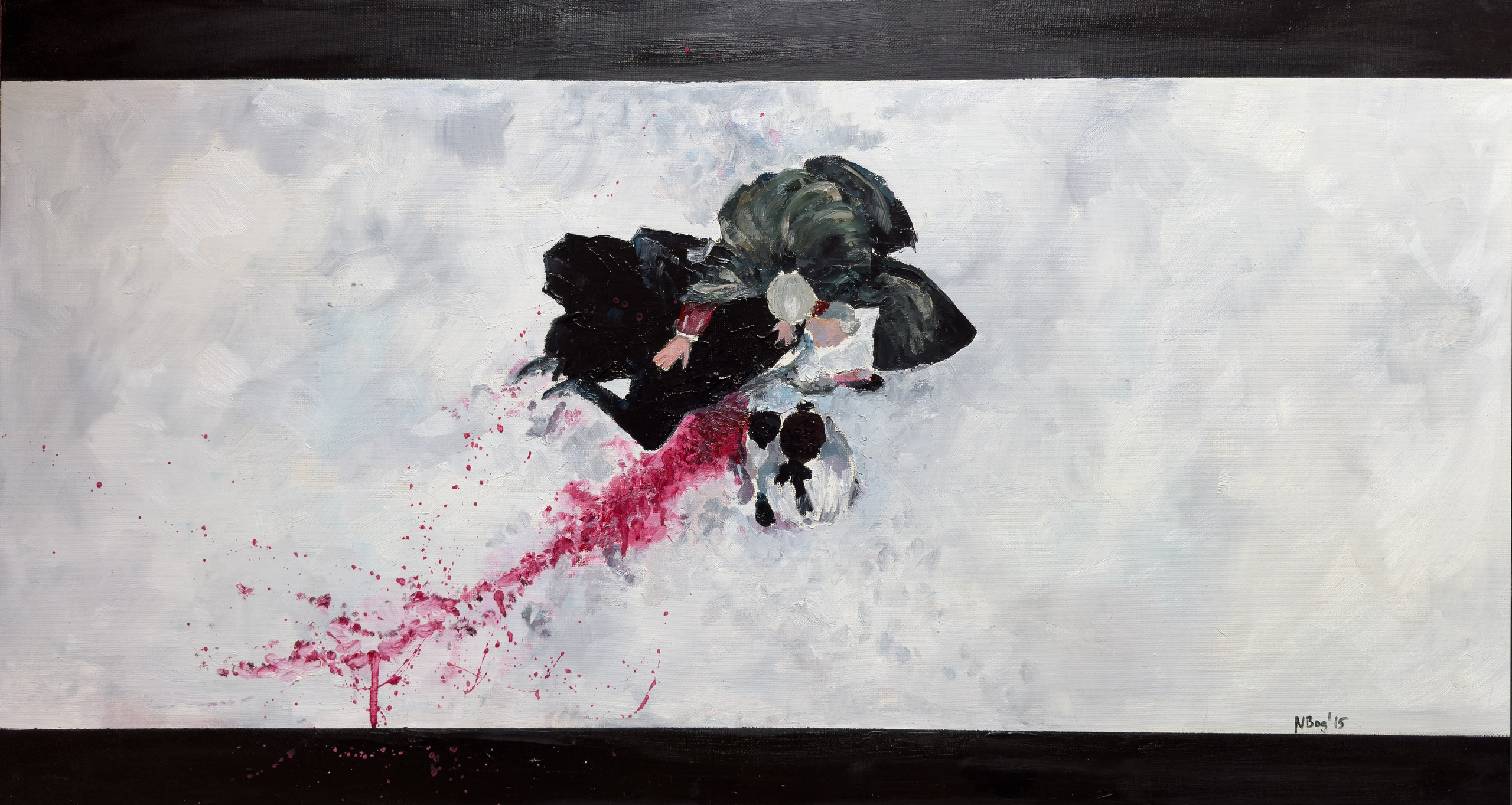 Oil painting on canvas, 110×60 cm, depicting a pivotal scene from Stephen Frears' 'Dangerous Liaisons', where the main character deliberately impales himself on a sword, signifying his demise. This powerful image accentuates the dark aspects of human nature while simultaneously presenting a life-affirming moment, suggesting that love has the power to purify and elevate even the darkest, most 'lost' individuals. The artwork’s intense emotional resonance and symbolic depth are conveyed through dramatic lighting and poignant composition.This artwork is available for sale.