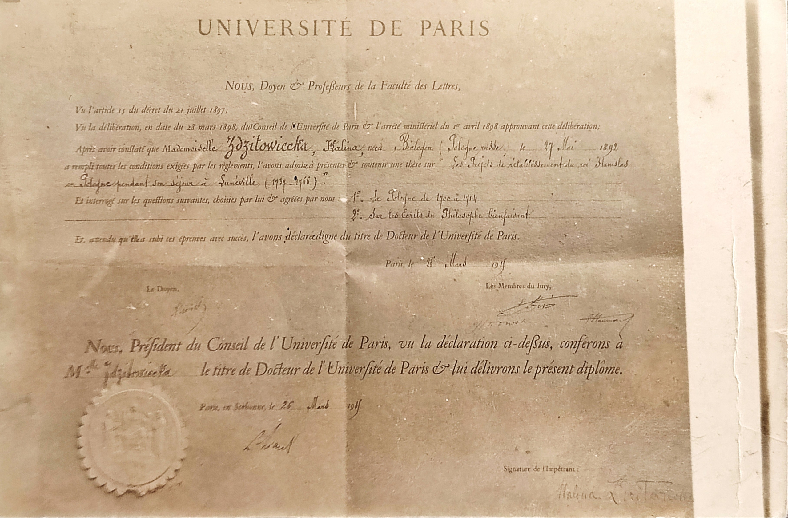 открытка документ Сорбонна 1919 Halina Zdzitowiecka диссертация 
