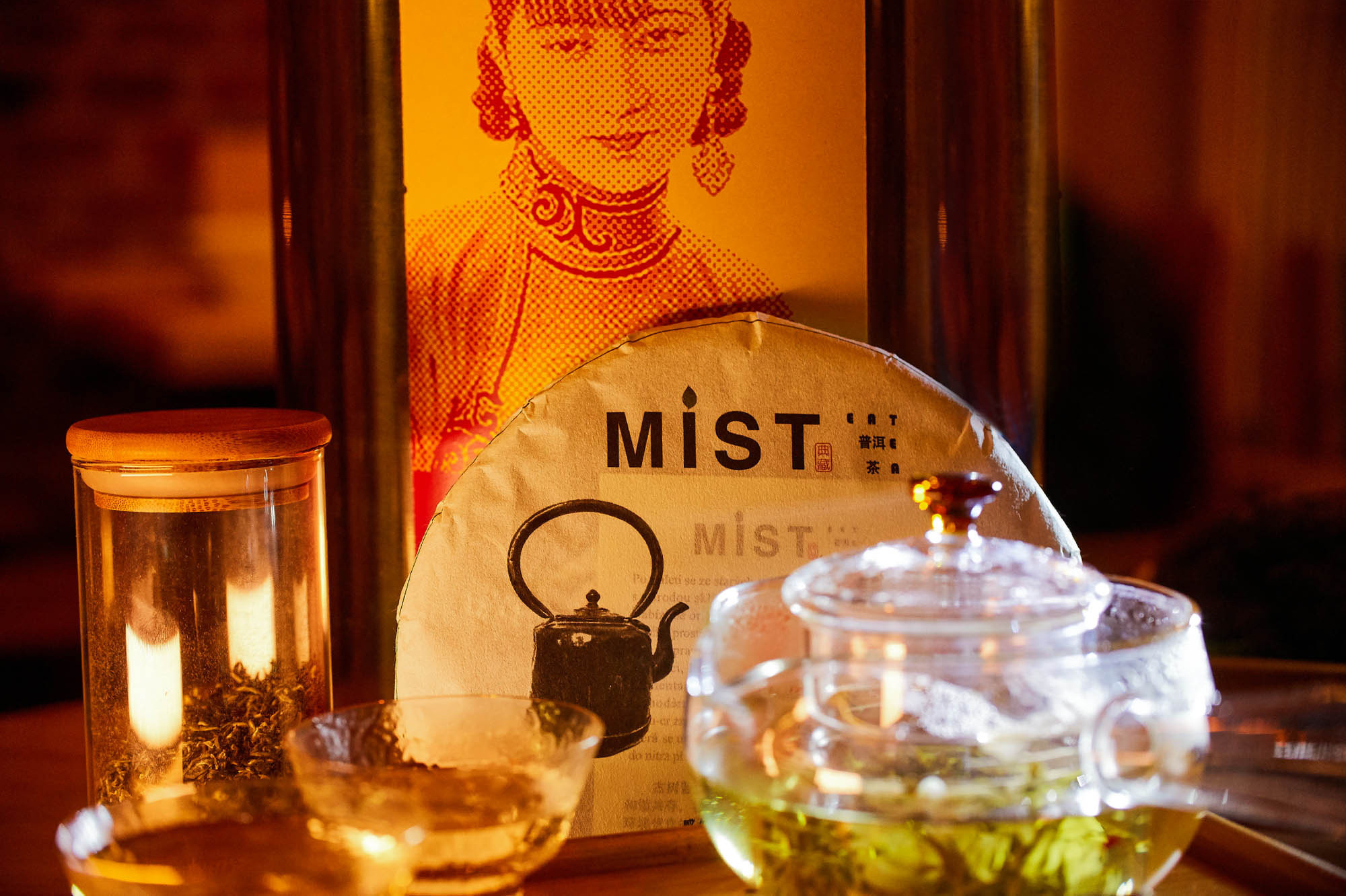 Tea and a drinking vessel branding imagery.