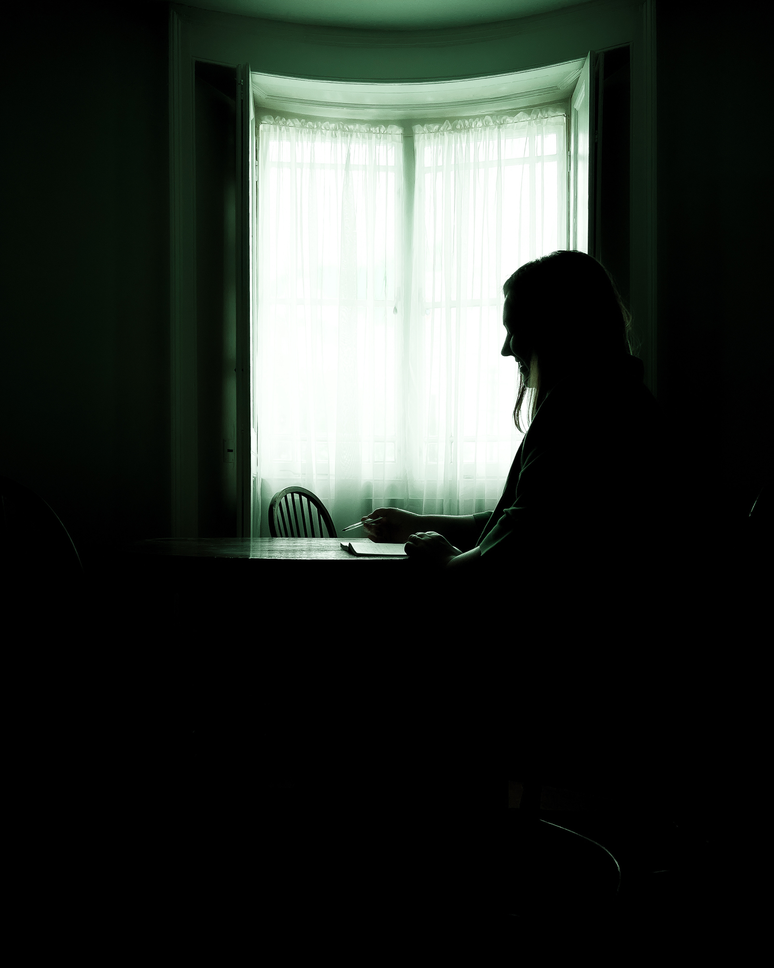 Siluet of a girl reading a book. Online photo shoot.