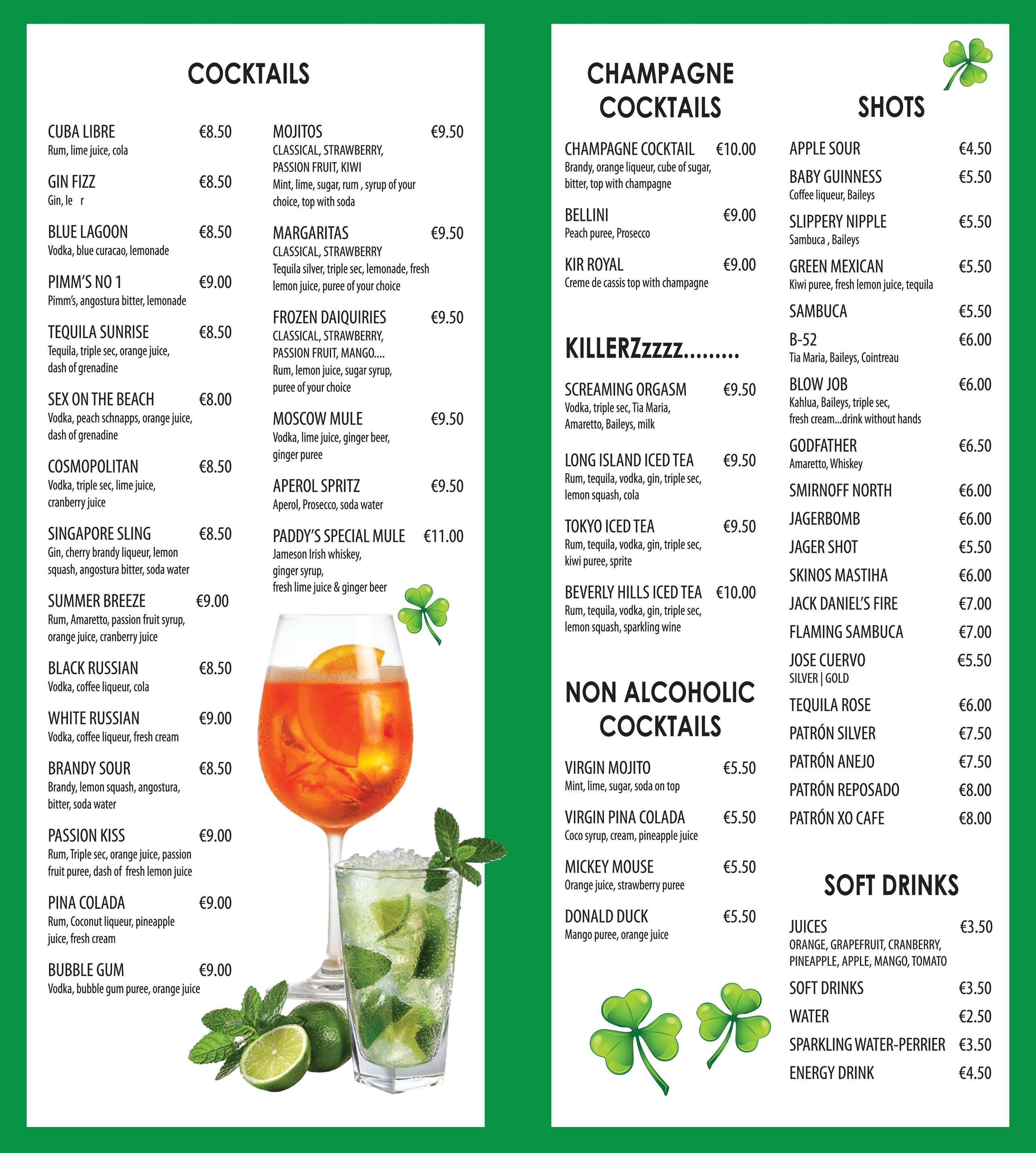 Menu. Paddy’s Bar Ayia Napa