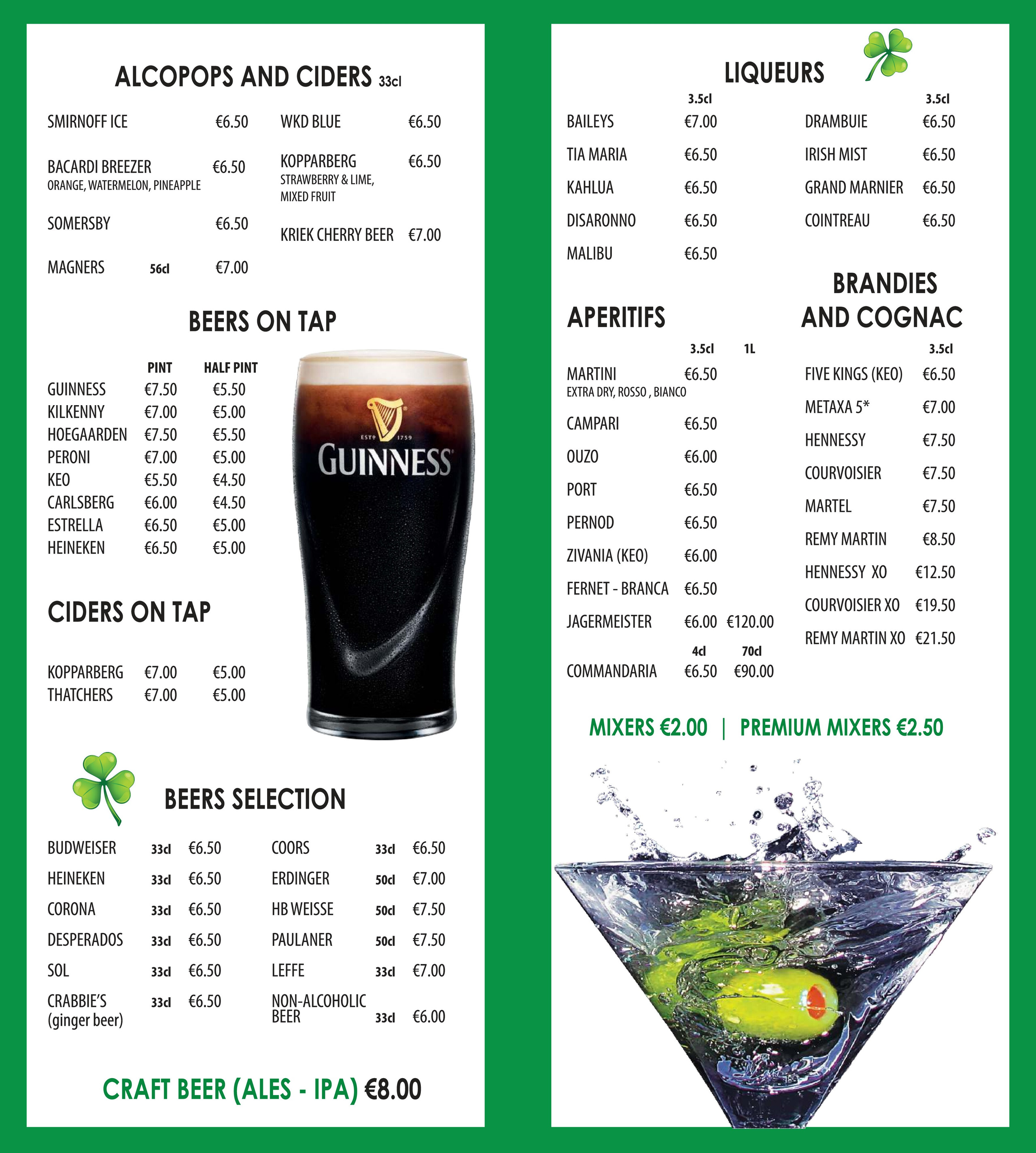 Menu. Paddy’s Bar Ayia Napa