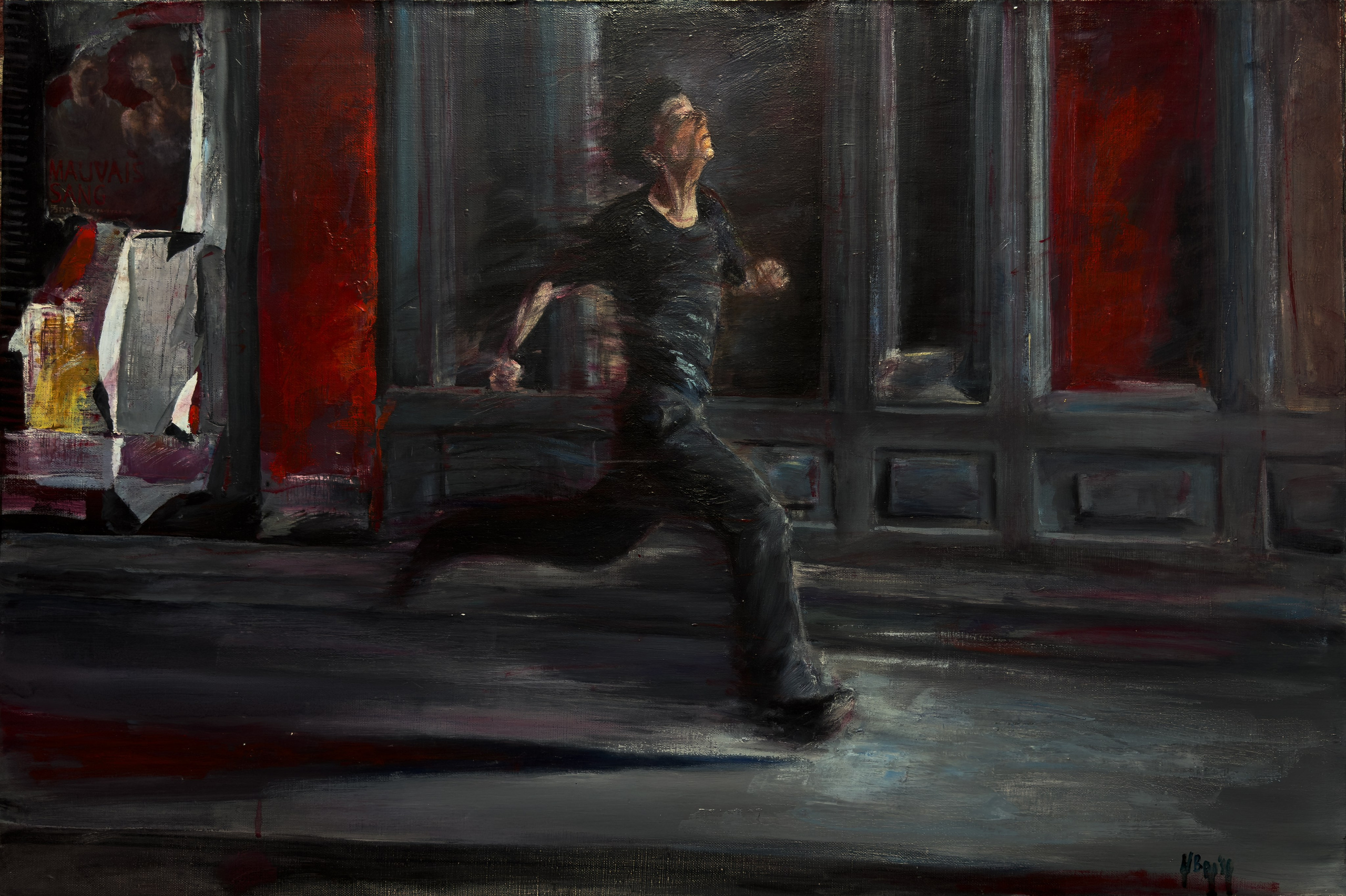 Oil painting on canvas, 90×60 cm, depicting a scene from Leos Carax’s film featuring the main character running to a David Bowie song. The painting vividly captures the dynamic motion and emotional intensity of the scene, with a focus on the expressive posture and surroundings of the protagonist. This artwork is available for sale.