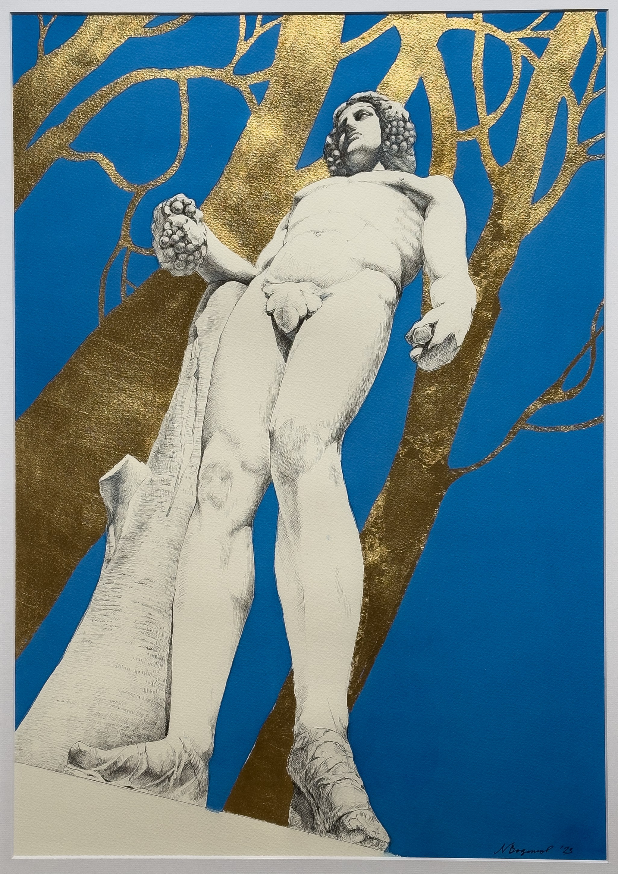 Artwork for sale: Mixed media of watercolor, Chinese ink, and gold leaf depicting a Versailles statue. Ideal for interior decoration, these artworks are perfect for adding a touch of elegance and serenity to any space.