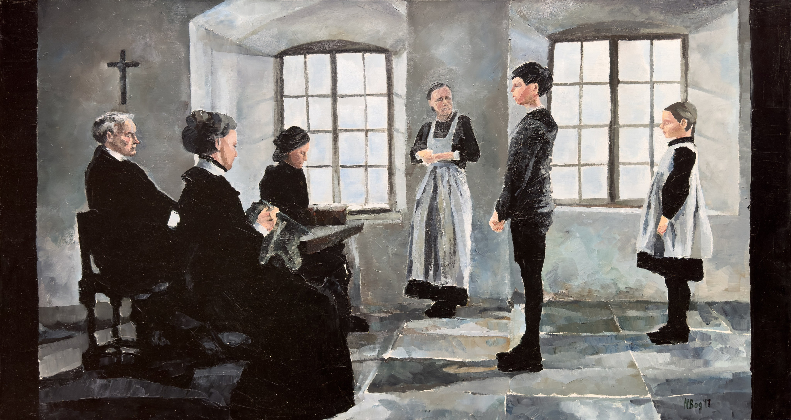 This is an oil on canvas, 110×60 cm, painting depicting a shot from Ingmar Bergman’s film Fanny and Alexander, which depicts the moment of Alexander’s “interrogation” by his stepfather. This moment sublimates the contrast of the change in the children’s lives after moving into the pastor’s home. The bright, theatrically detailed home of their father and grandmother contrasts with the puritanical asceticism of the pastor’s house. a world of permissiveness, love and joy as opposed to the harsh, cold world where there is no room for human love.This artwork is available for sale.