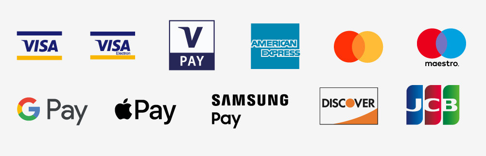 Various credit card logos on a white background.