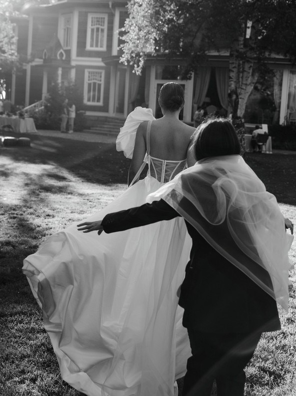 Cinematic wedding portrait with contemporary mood