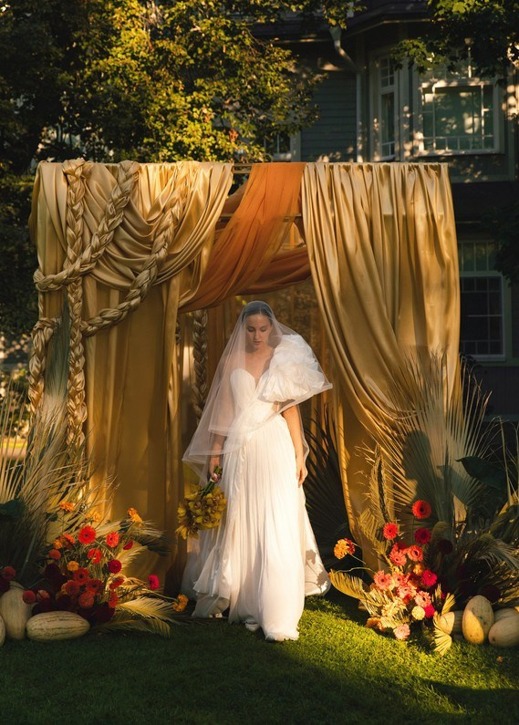 Cinematic wedding portrait with contemporary mood