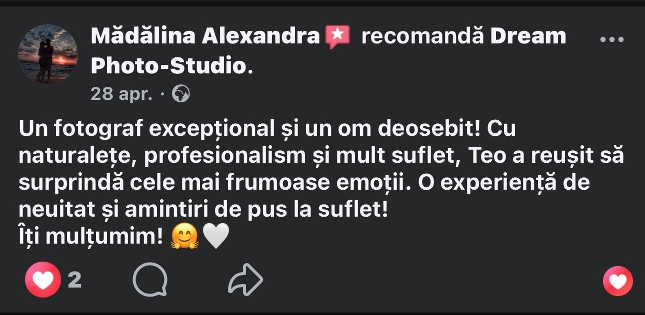 Recenzii Facebook. Dream Studio Galați – ședințe foto profesionale pentru familie, portrete și evenimente